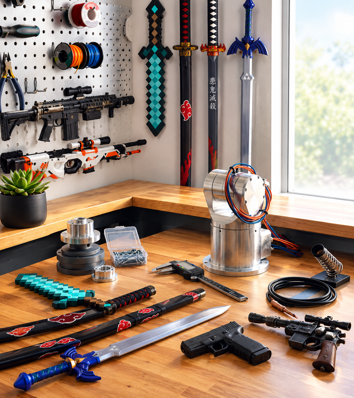 A workshop with various swords and weapons, including pixelated swords, a sniper rifle, a toy sword, and a handgun, along with tools, a potted plant, and a device with wires, all arranged on a wooden workbench and pegboard wall.