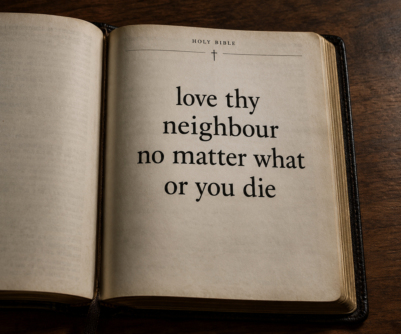 Open Bible with the quote 'love thy neighbour no matter what or you die' on the right page, on a wooden surface.