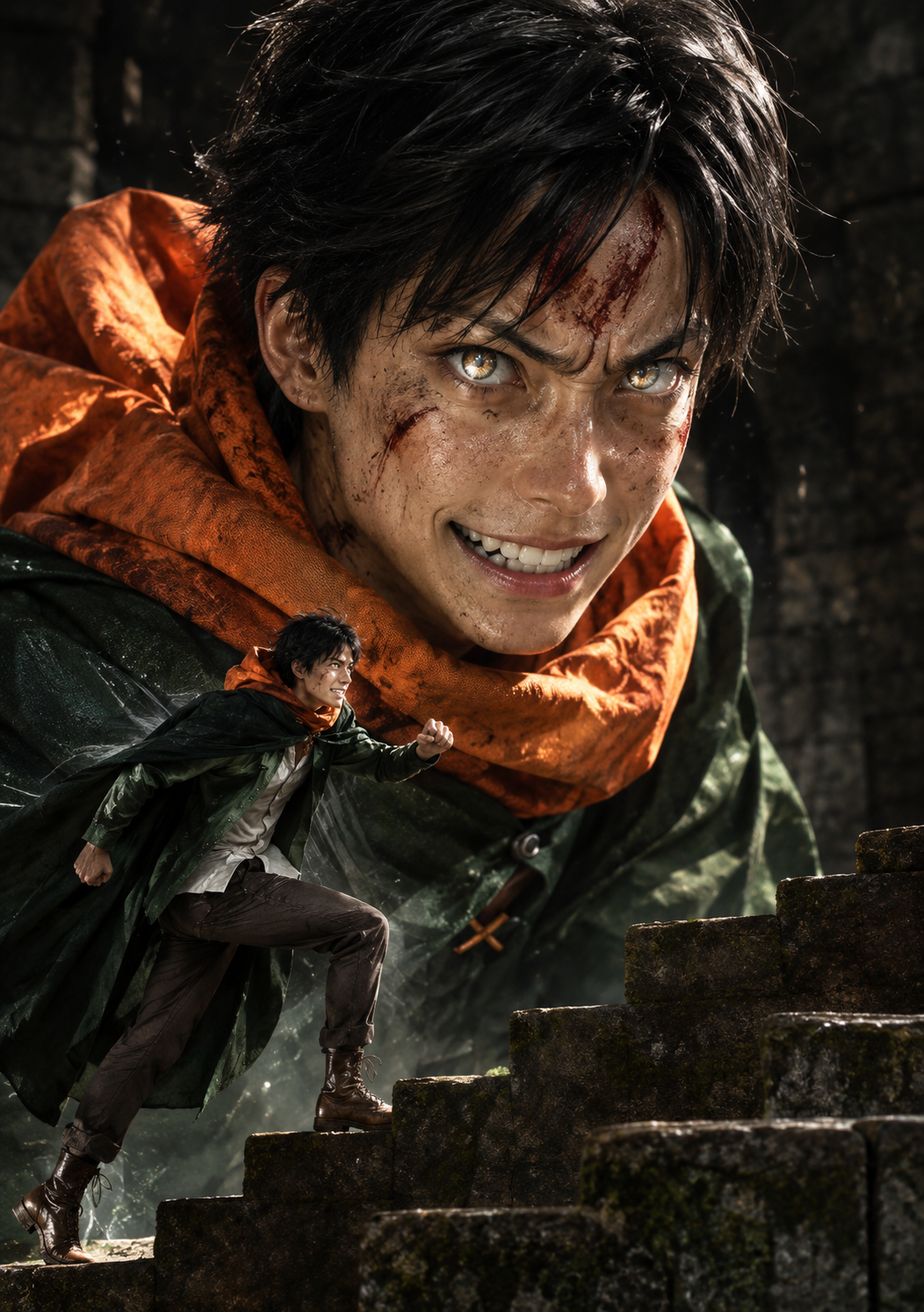 A woman with short dark hair, dirt and blood on her face, is climbing stairs and appears to be running or fighting. Her expression is intense and determined, and she is wearing a dark coat, white shirt, brown pants, and brown boots. In the background, a giant close-up of her face is superimposed, showing her fierce expression with glowing eyes and blood and dirt on her face, creating a dramatic and action-packed scene.