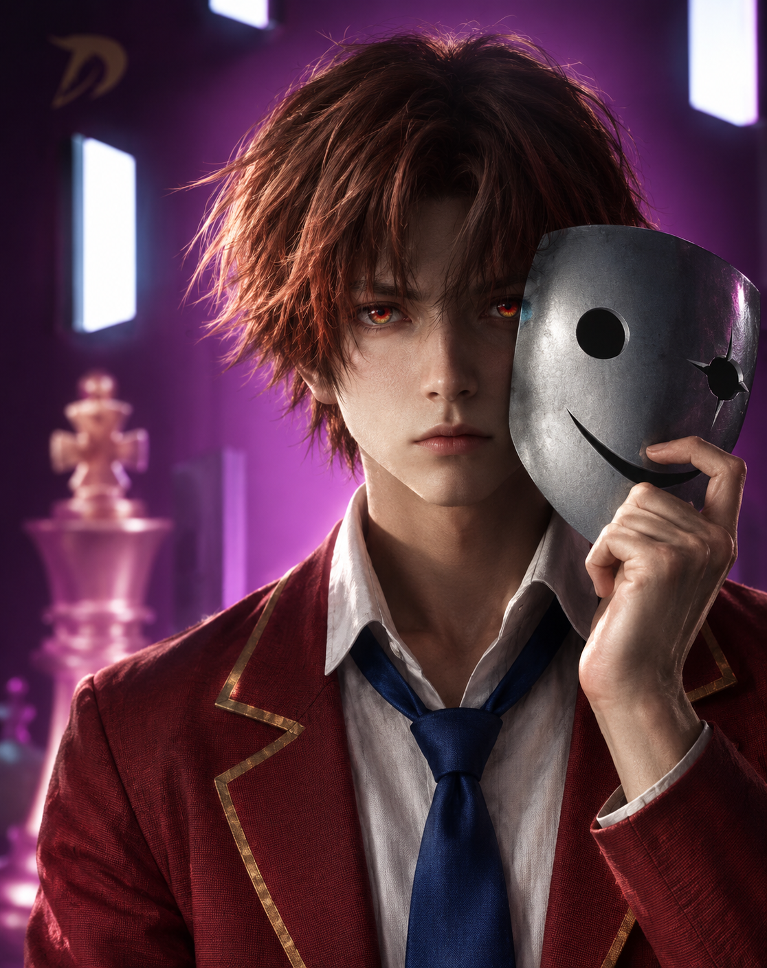 A person with short, messy red hair holds a metallic mask with a smiley face design, covering half their face, in a dimly lit room with purple lighting and bookshelves in the background.