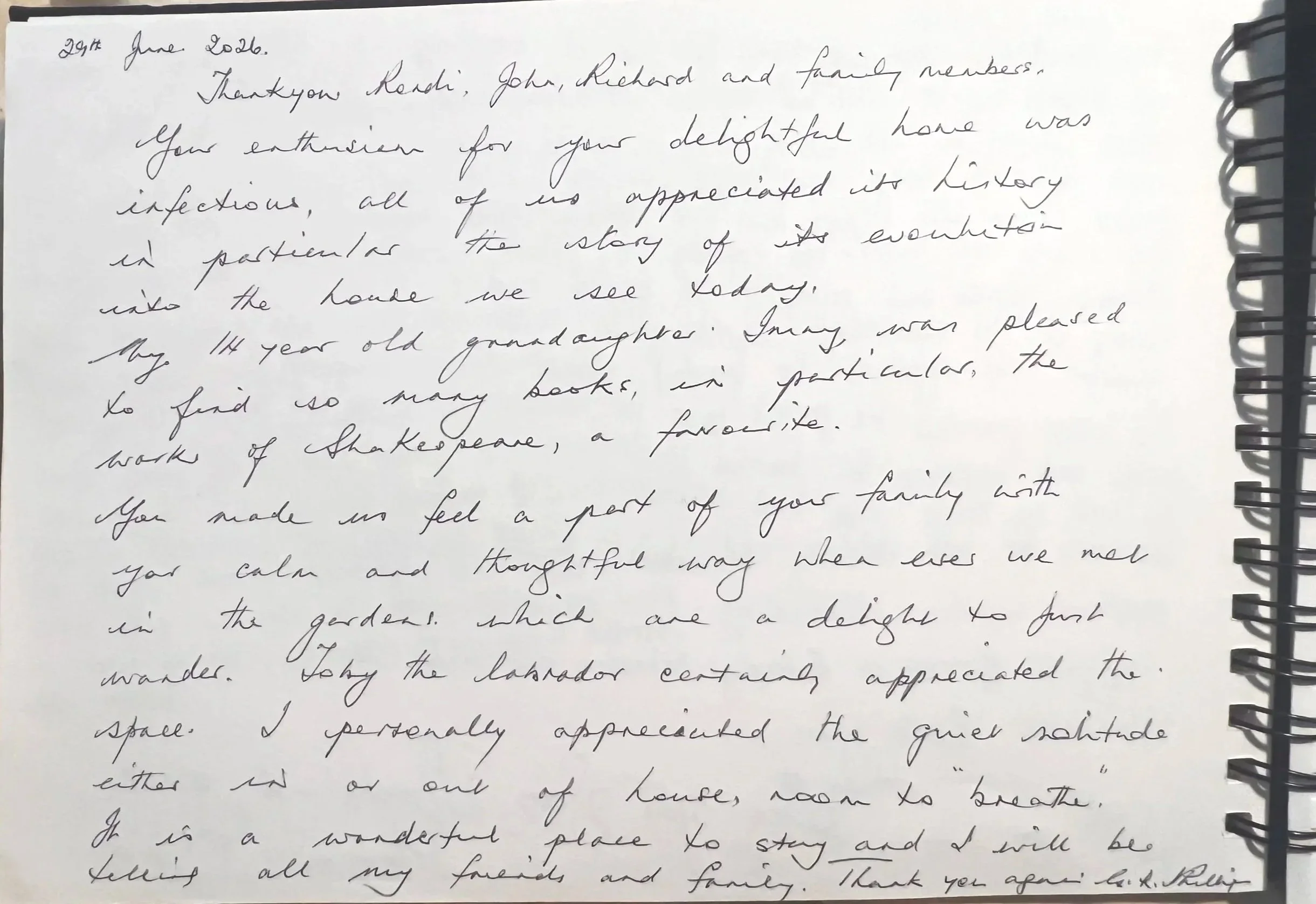 Handwritten letter on white paper in cursive script, bound on the right side with a black spiral binding at Parnacott house.