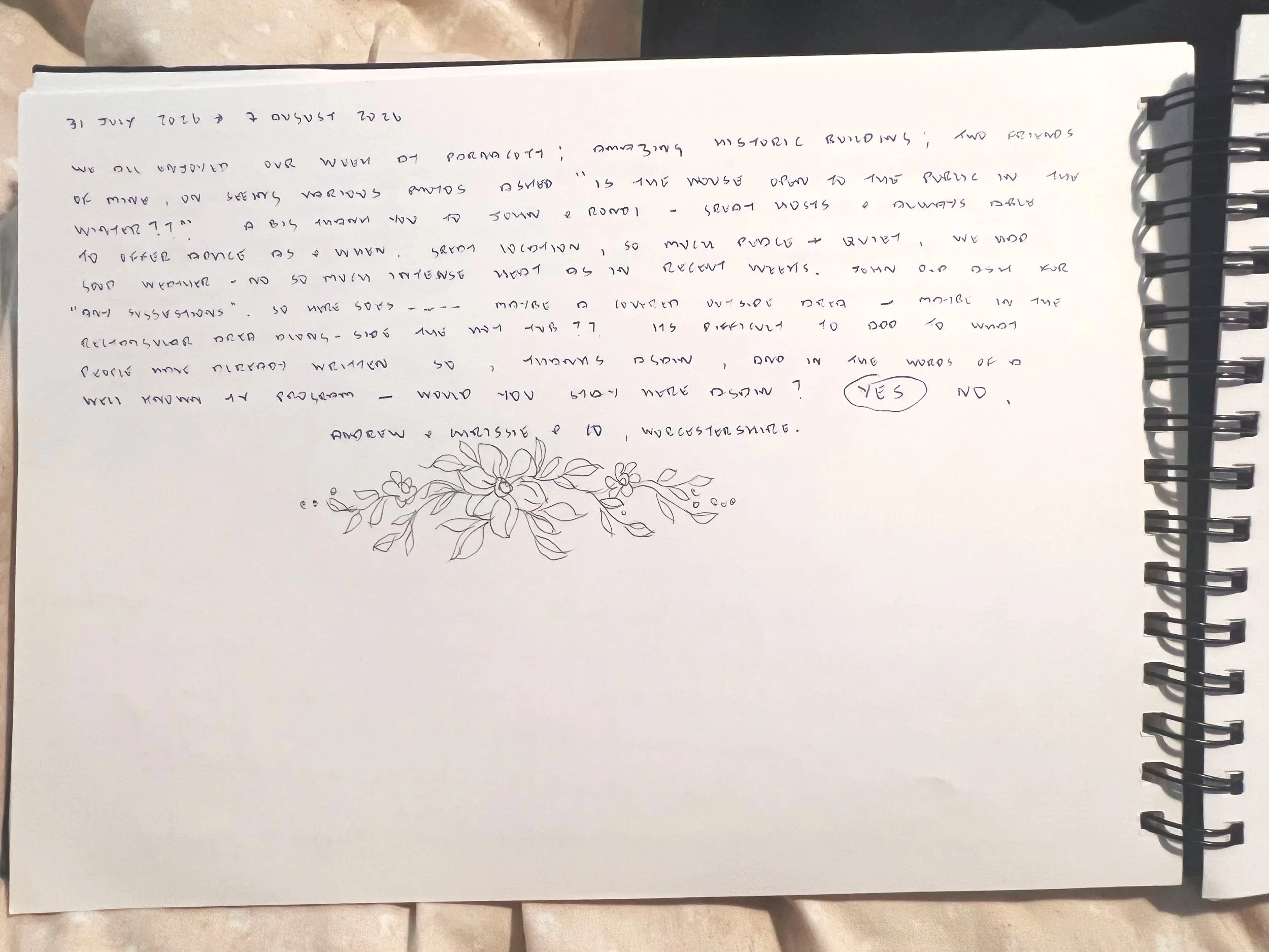 A spiral-bound notebook open to a page with handwritten notes. The notes are written in small, cursive handwriting and include a circle around the word 'YES' towards the bottom right of the page. At the bottom of the page, there is a hand-drawn floral illustration.