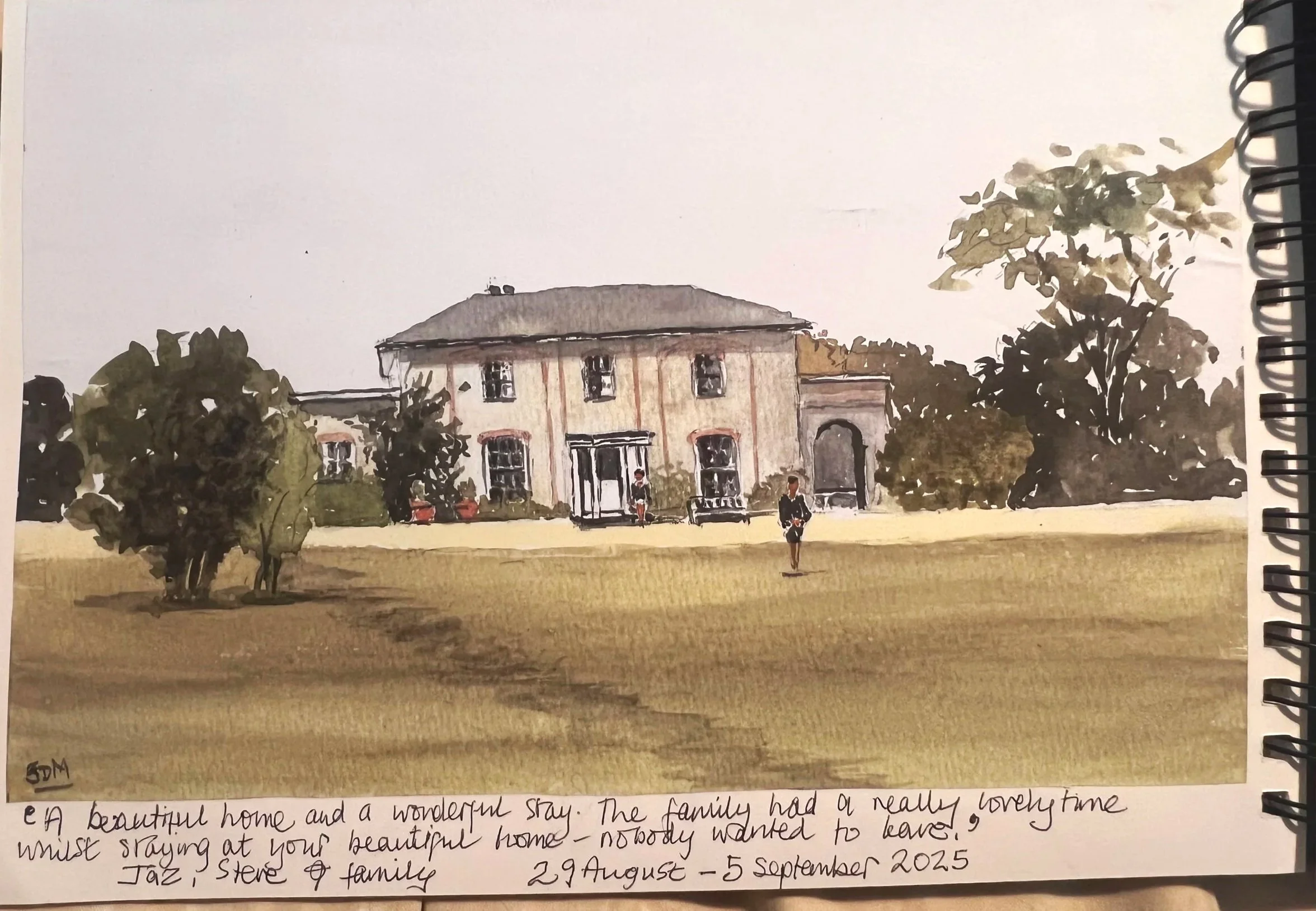 A watercolor painting of a large, two-story house with a gray roof, surrounded by trees and bushes, with a grassy yard and people standing in front of the house at Parnacott house.