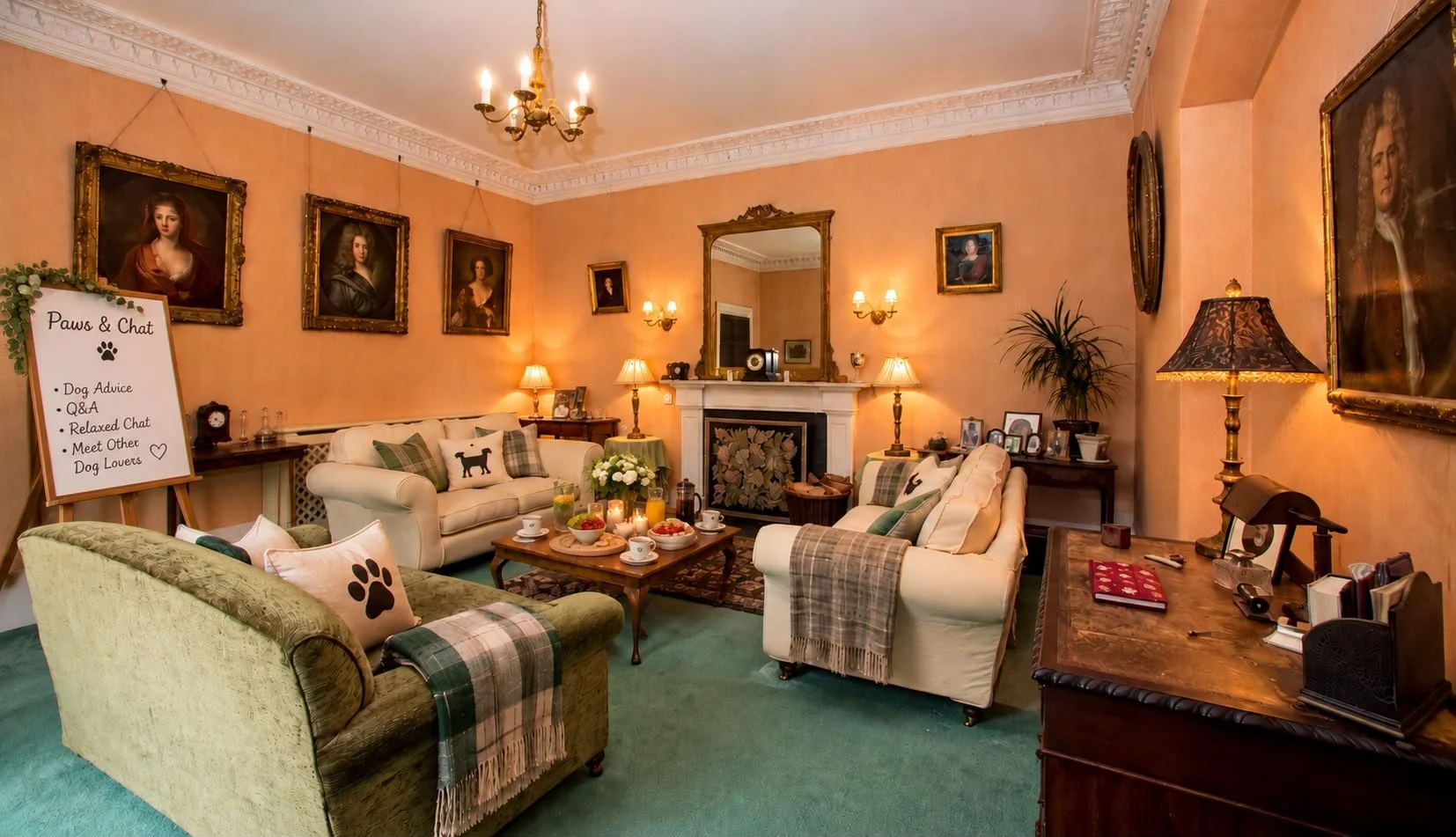 Living room with pink walls, cream sofas with plaid and paw print pillows, a green armchair, wooden coffee table with snacks and drinks, several framed classic portraits on the walls, a fireplace with an ornate mirror above, various lamps, a wooden desk with office supplies, and a whiteboard sign for a dog-focused event.