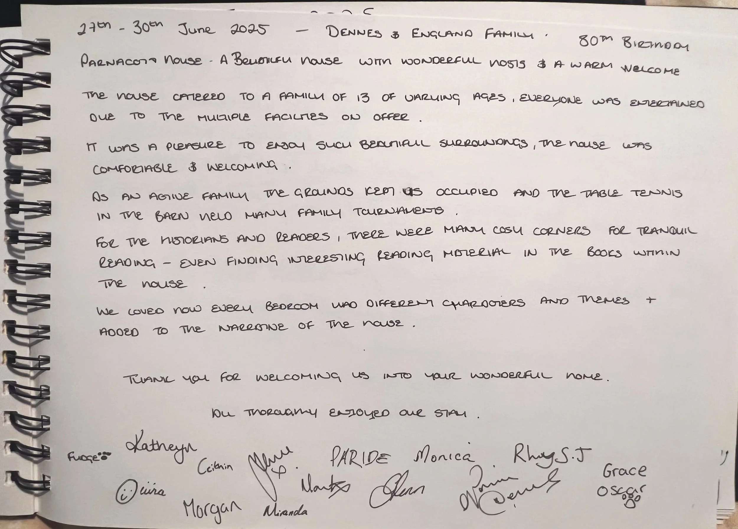 Handwritten guestbook sign-in page with names and signatures, mentioning a welcome to the Denes & Engando family at Partridge House during June 27-30, 2023. at Parnacott house.