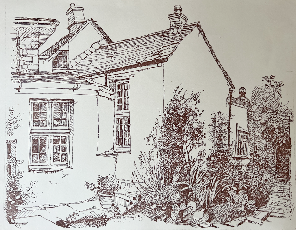 Line drawing of a traditional house with a sloped roof, multiple chimneys, and detailed windows, surrounded by a garden with various plants and a stone pathway Parnacott house. Parnacott Paws.