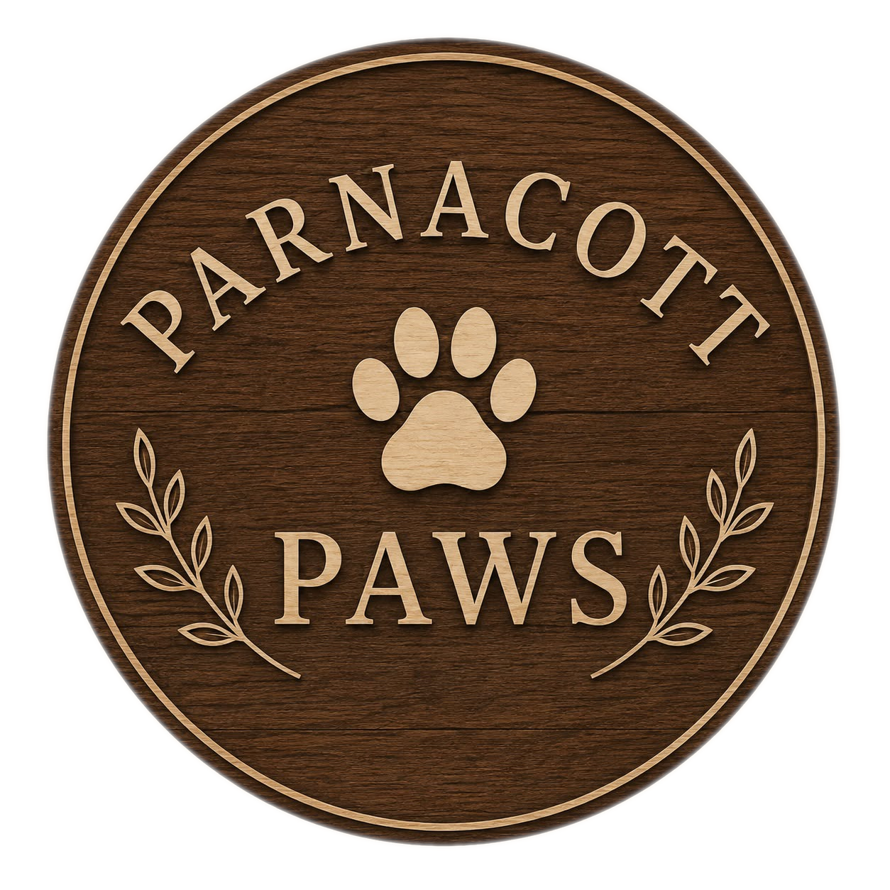 A round wooden plaque with the words 'Paranoc­tt Paws' and a paw print in the center, decorated with leaf illustrations.