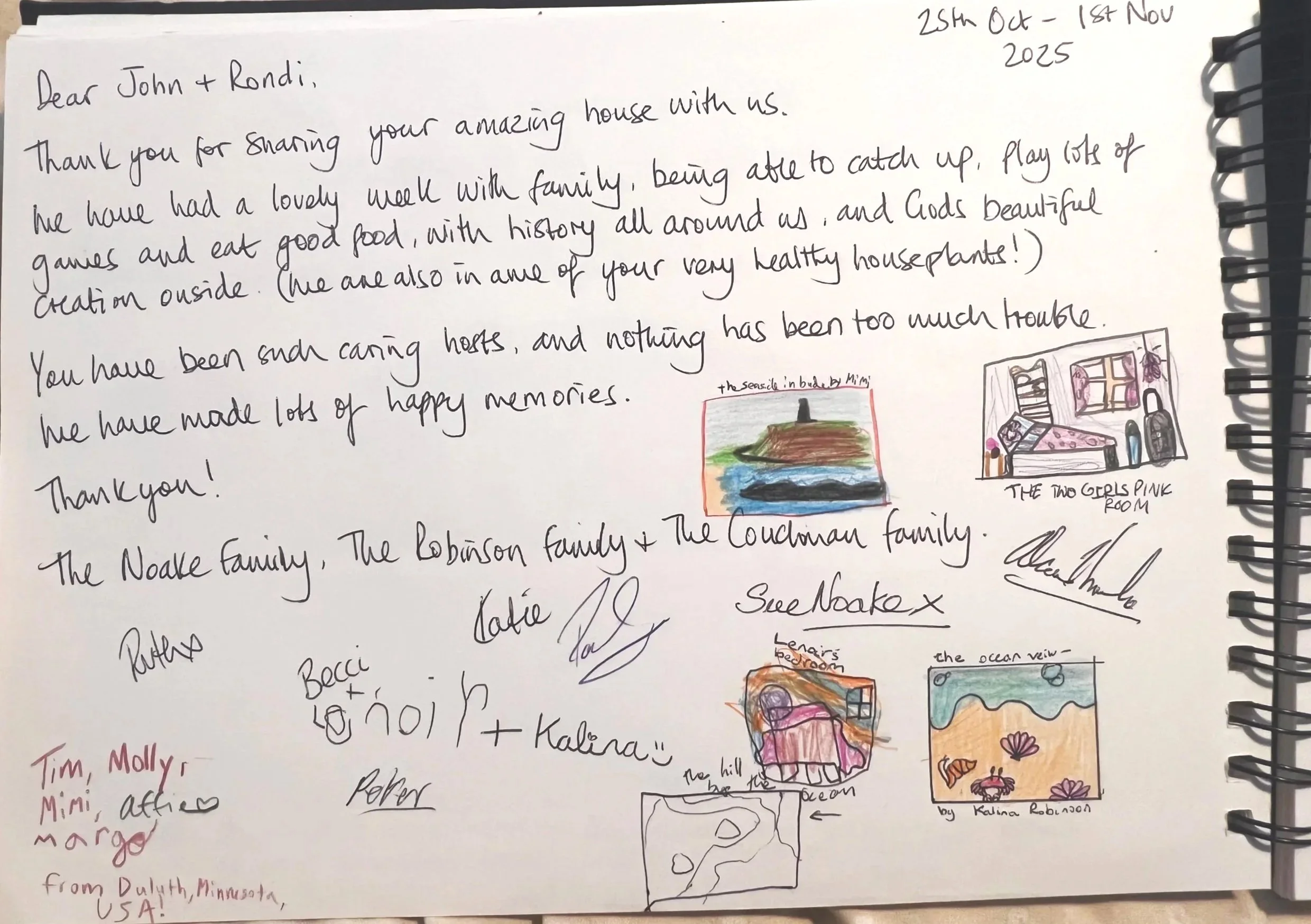 A handwritten note on a spiral-bound notebook page dated October 25th to November 1st, 2025. The note contains a thank you message with signatures, and includes small hand-drawn illustrations of a landscape with a house by the sea, a bedroom with pink walls, and a colorful abstract design. The note is addressed to John and Rondi, expressing gratitude for sharing their home and hosting corporate guests.