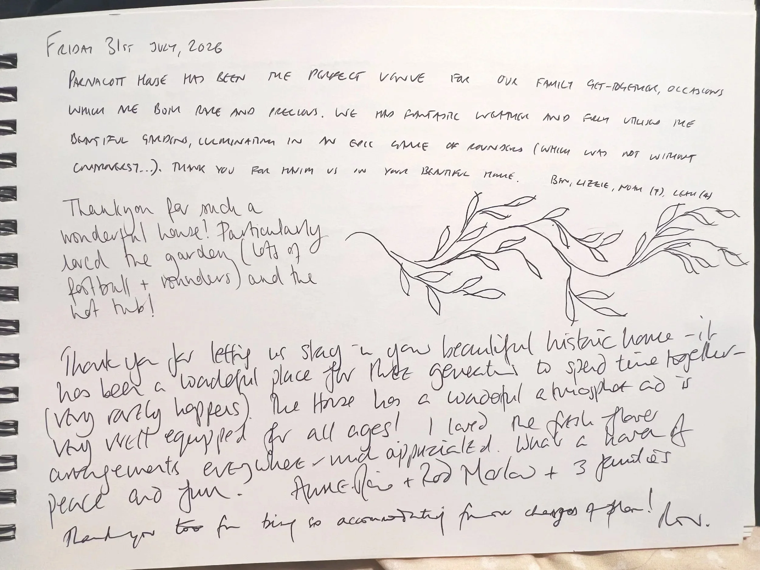 Handwritten letter on white paper, with a drawing of some leaves in the bottom right corner at Parnacott house.