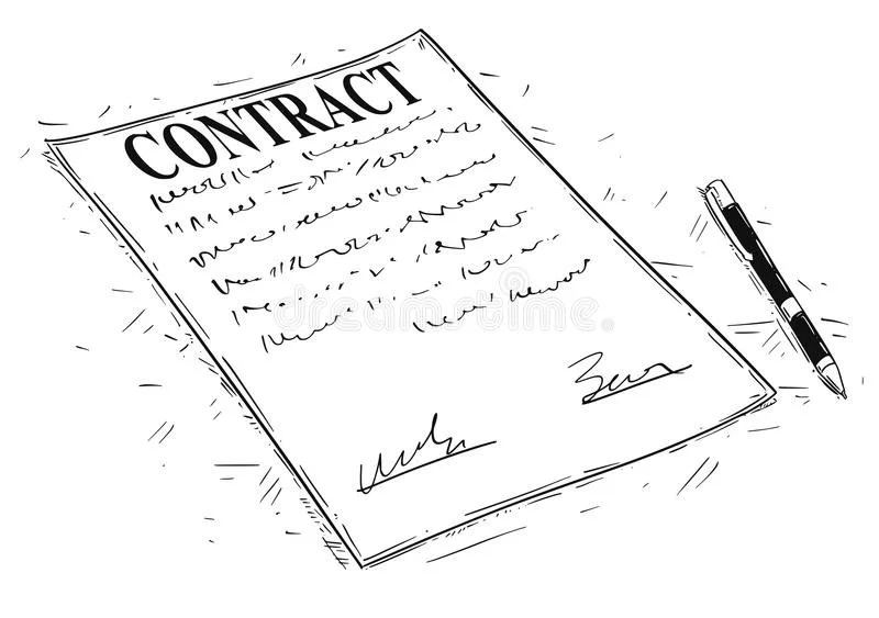 A hand-drawn sketch of a contract document titled 'CONTRACT' with handwritten text below, signatures at the bottom, and a pen lying next to it.