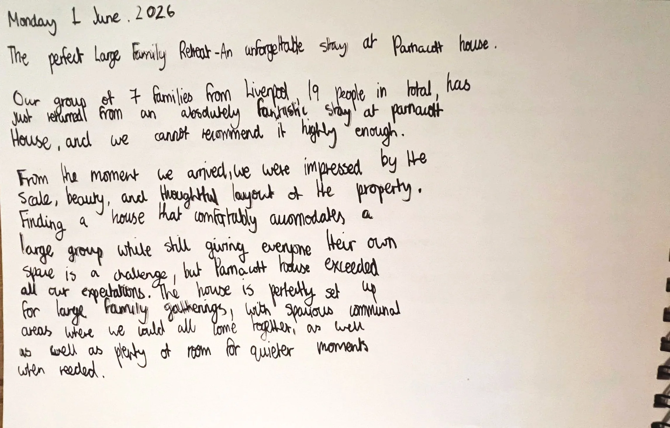 Handwritten text on a page, dated June 1, 2026, describing a stay at Parnell House, mentioning the group size, impressions, and experience at Parnacott house.