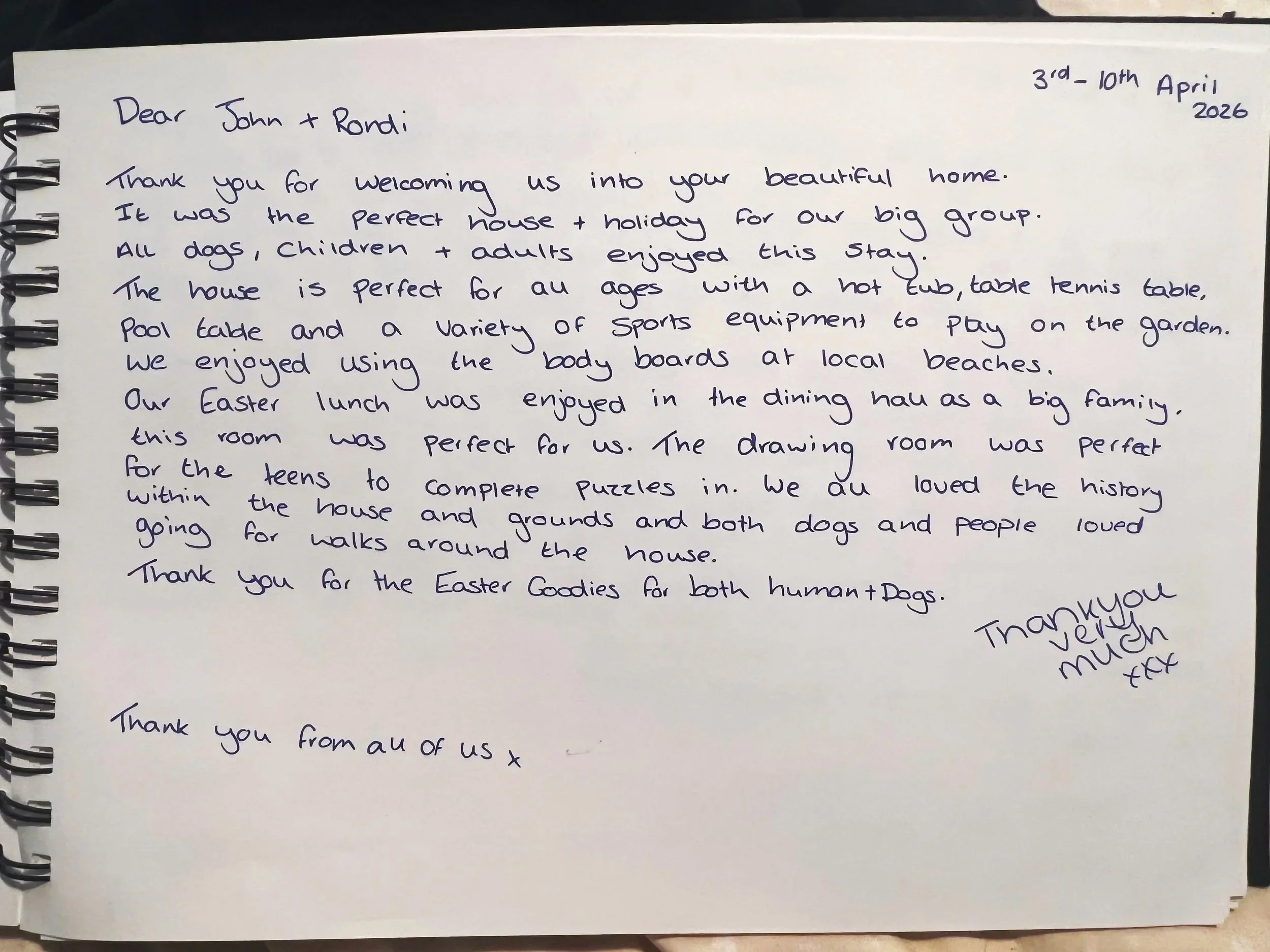 A handwritten letter on spiral-bound notebook paper dated April 3-10th, 2026, thanking John and Rondi for their hospitality, describing activities enjoyed at their house, and expressing appreciation for Easter lunch and treats at Parnacott house.