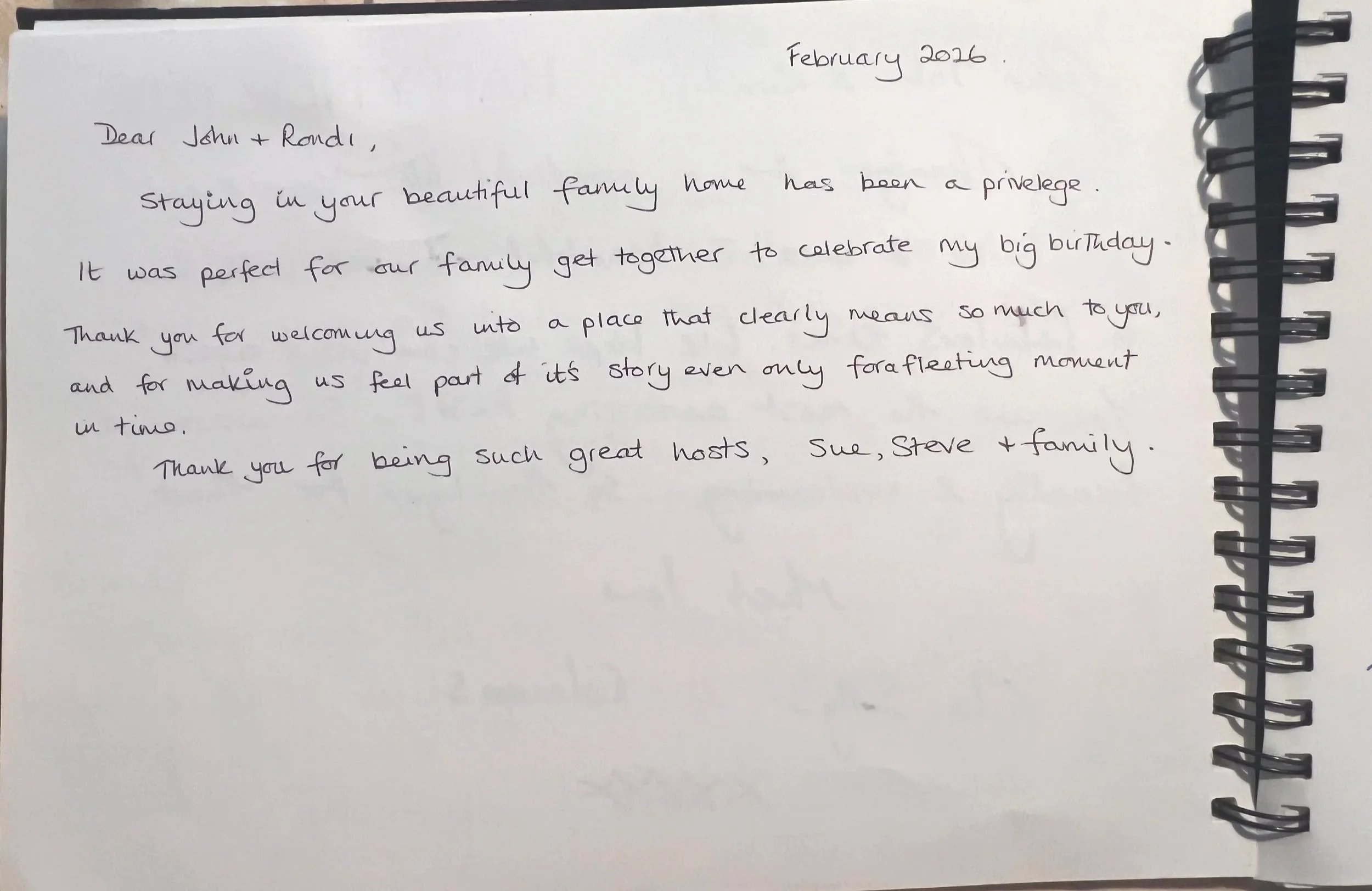 Handwritten letter on white spiral-bound notebook paper, dated February 2016, thanking John and Randi for hosting and describing a memorable birthday celebration at Parnacott house.