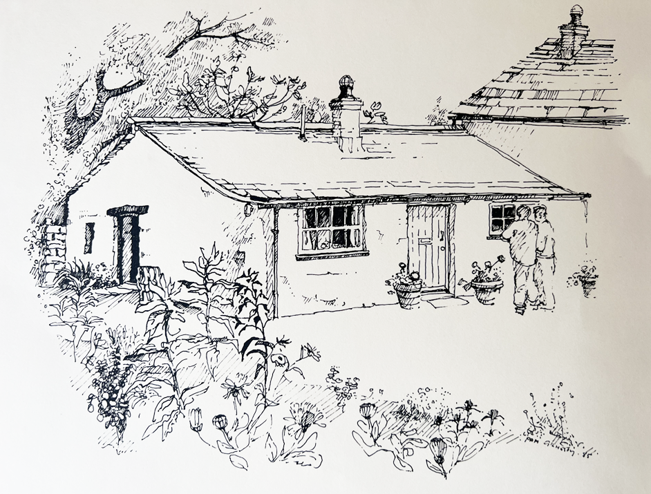 A black-and-white line drawing of a cottage with a sloped roof and chimney, surrounded by garden plants and flowers. Two people stand near the front door, engaging in conversation Parnacott house. Parnacott Paws.