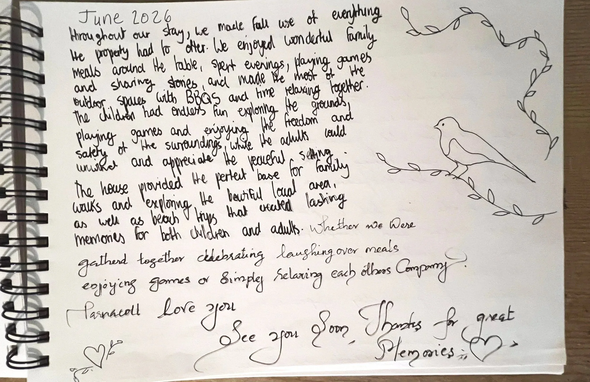 A handwritten page from a journal or notebook with black ink, dated June 2026. The writing describes family activities, spending time together, playing games, enjoying nature, and celebrating together. There is a decorative doodle of two birds perched on a branch with leaves in the top right and bottom right corners of the page.