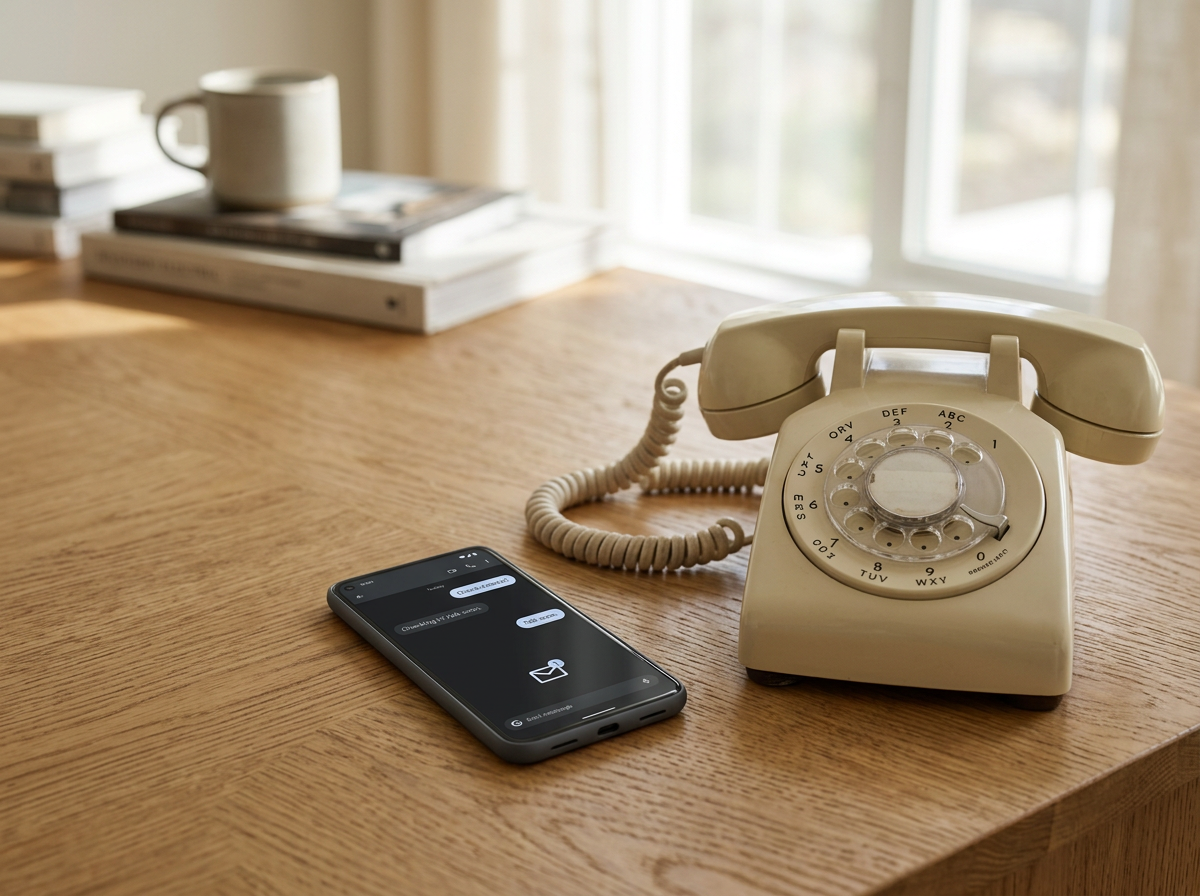 Vintage beige rotary phone and modern smartphone on a wooden desk, with books and a mug in the background near a window.