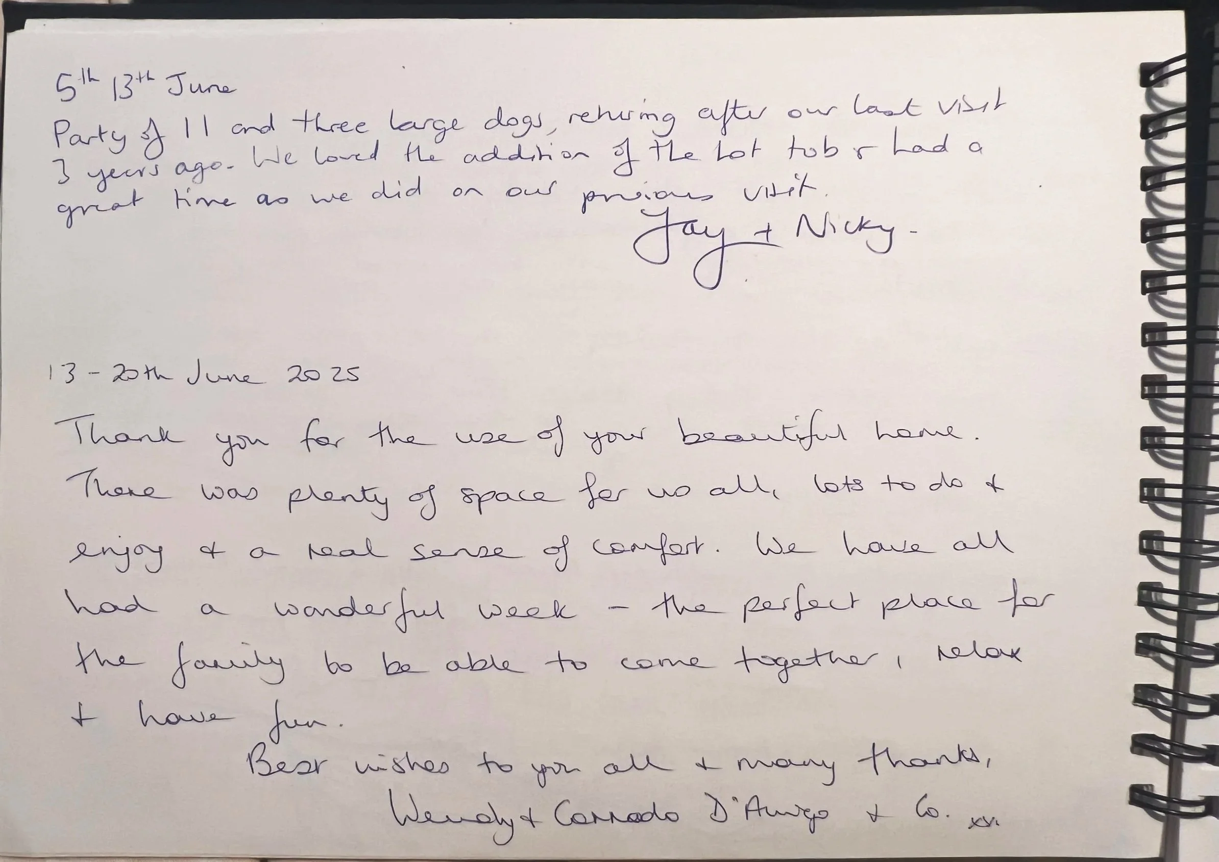 A handwritten note in a spiral-bound notebook, with the date range June 5-13 and June 13-20 written at the top. The note recounts a visit with dogs and mentions relaxing and enjoying family time. The handwriting is neat and legible, with a mix of cursive and print.