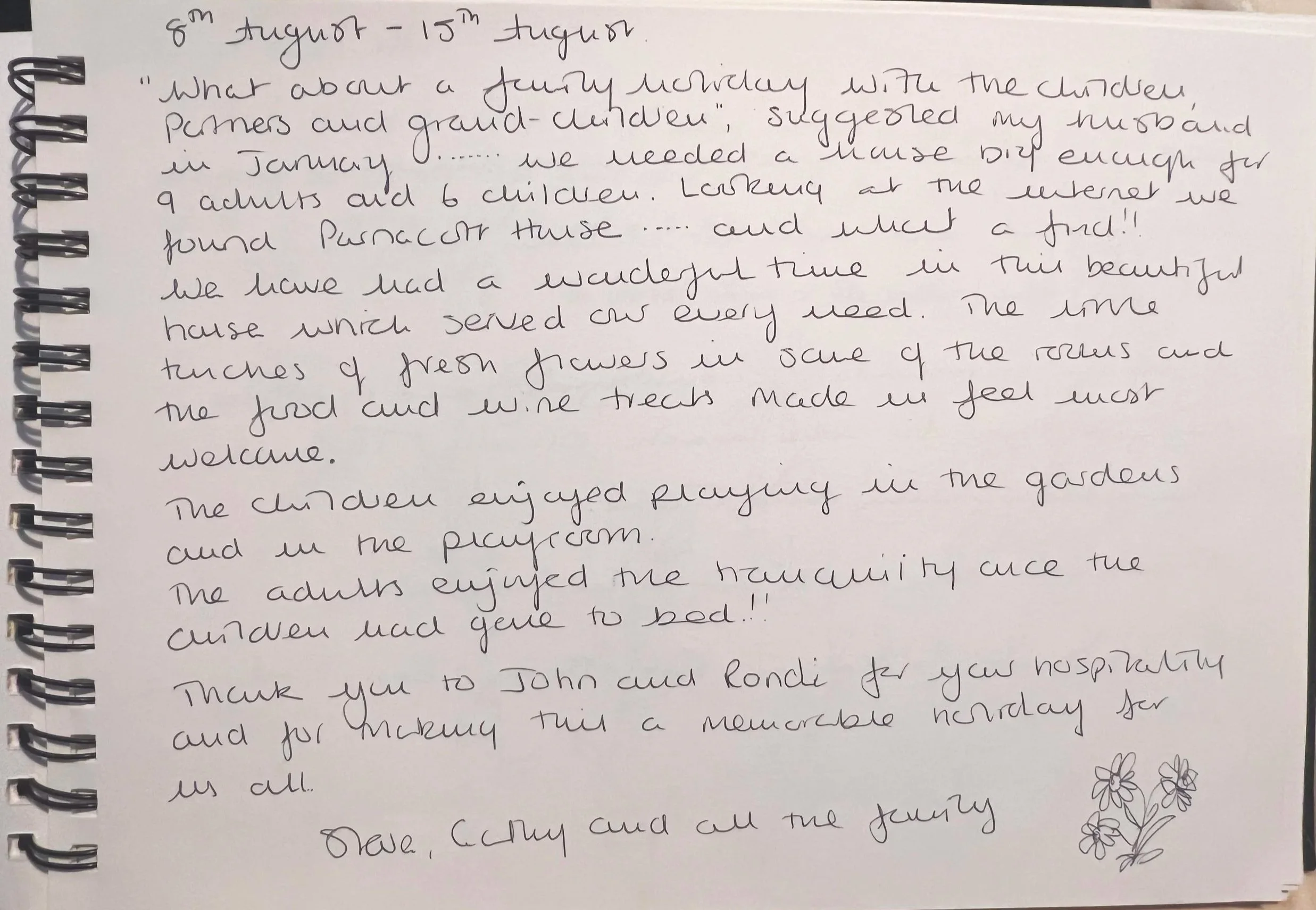 Handwritten journal entry discussing a family visit during August 8th to 15th, describing activities such as playing in the garden and being entertained by chickens, with small floral doodles at the bottom at Parnacott house.