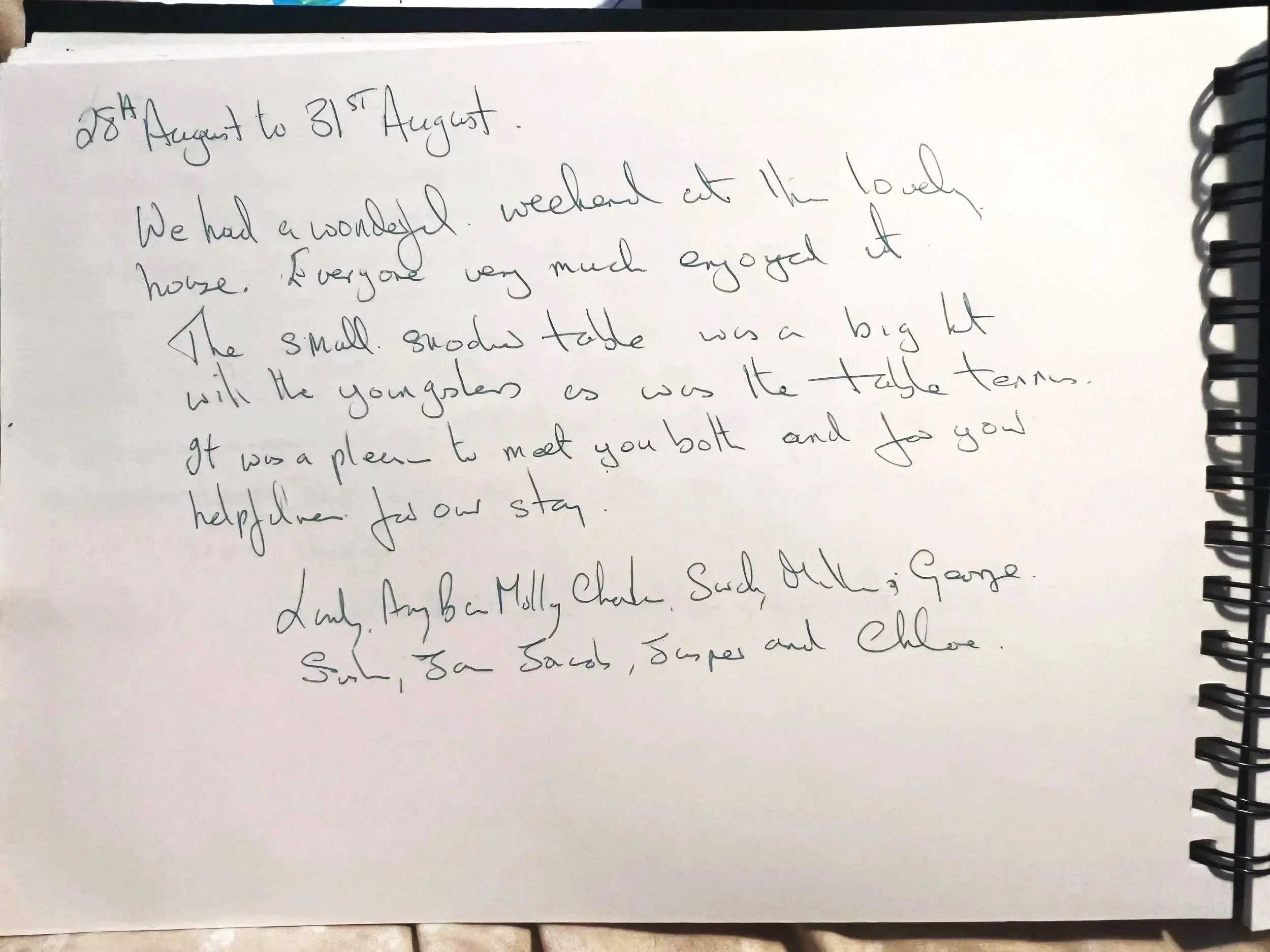 A handwritten note on white paper with spirals on the right side. The note mentions a stay from August 25th to August 31st, describes a weekend at a house, and expresses enjoyment and gratitude for the hospitality. at Parnacott house.