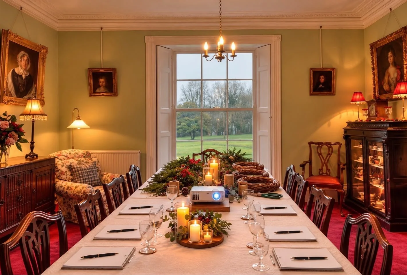 A dining room with a long table decorated with candles and greenery, set for a meal with place settings and wine glasses. The room has large windows showing a view of trees outside, with vintage furniture, framed portraits on the walls, and warm lighting.