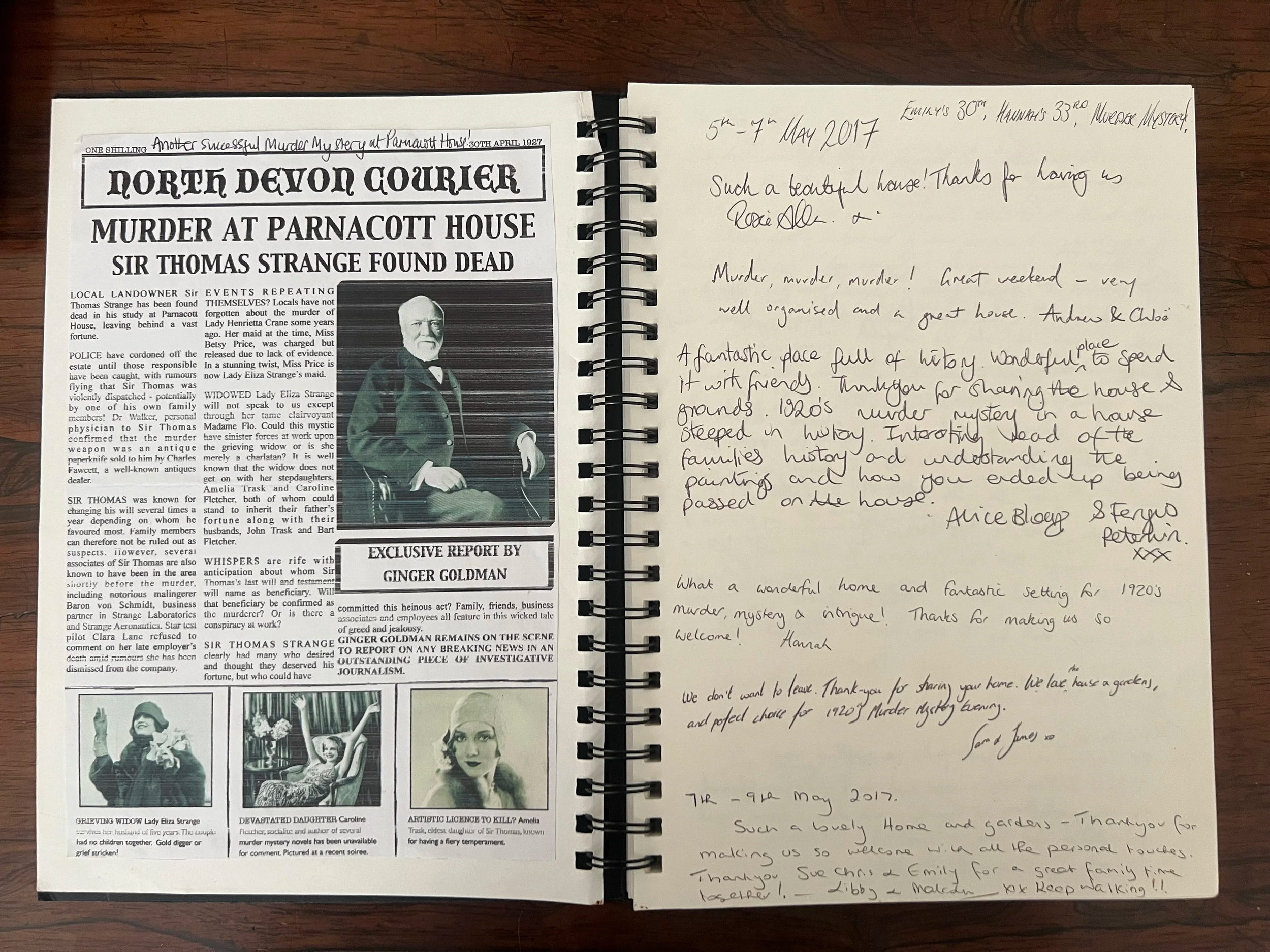 Open scrapbook with newspaper article about a murder and a handwritten note on the right page expressing gratitude for a house and garden. The newspaper features a black and white photo of Sir Thomas Strange with bold headlines.