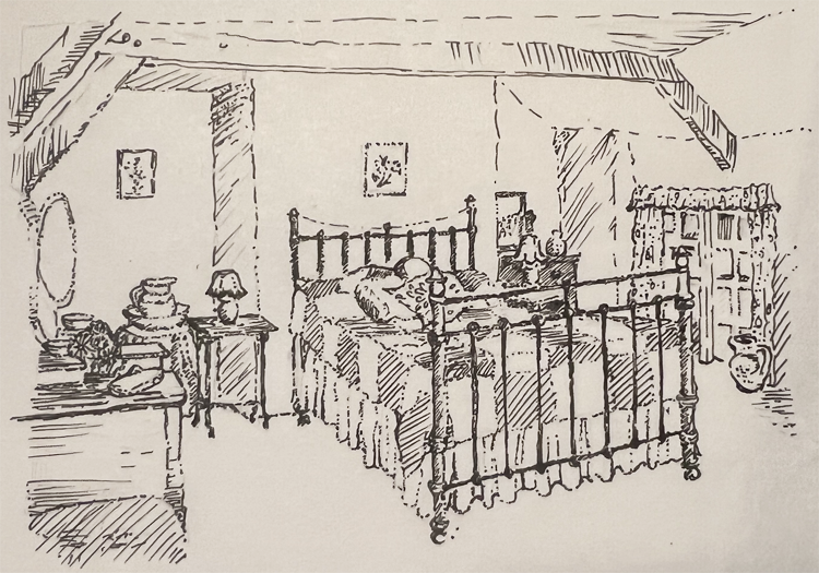A sketch of a cozy bedroom with a metal bed, a person lying in it, a woman arranging flowers on a dresser, and a person sitting at a small table, with a cupboard and a wardrobe in the background at Parnacott house.