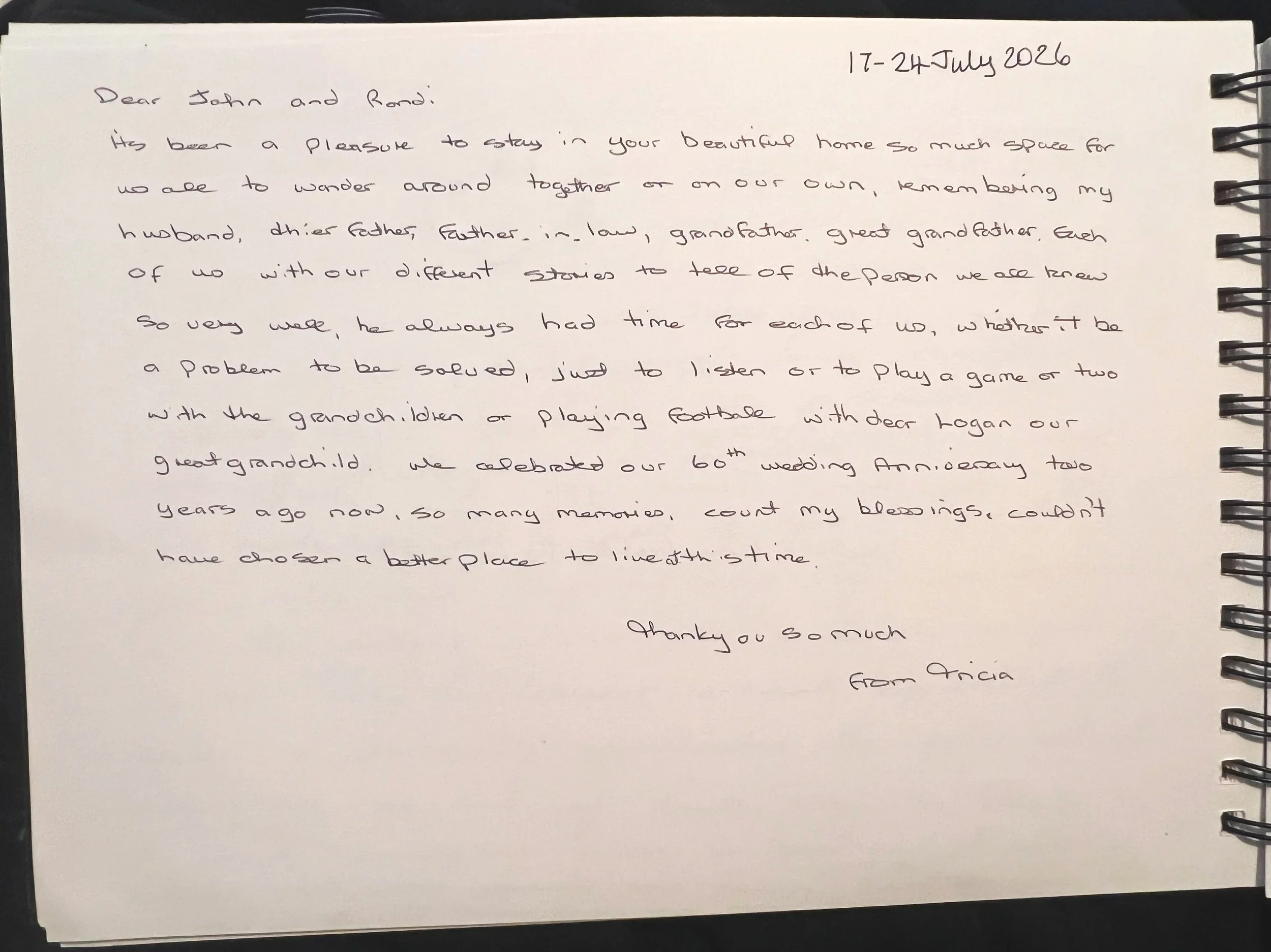 A handwritten letter on white paper dated 17-24 July 2026 is shown. The letter references staying in a beautiful home, family stories, a wedding anniversary, and expressions of gratitude at Parnacott house.
