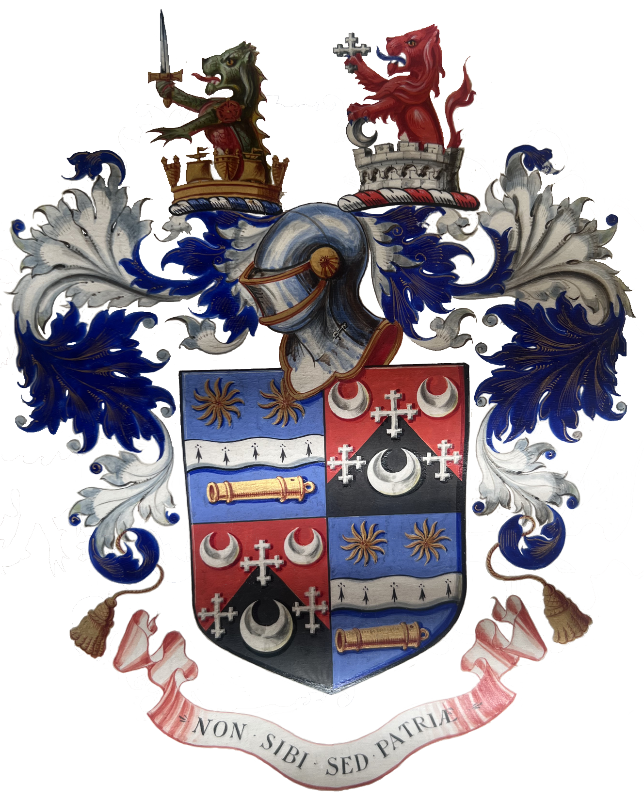 A detailed heraldic coat of arms featuring a shield divided into four sections with symbols, topped with a helmet, and adorned with a crest of a lion and a dragon holding swords, surrounded by ornate blue and white mantling, with a Latin motto banner at the bottom