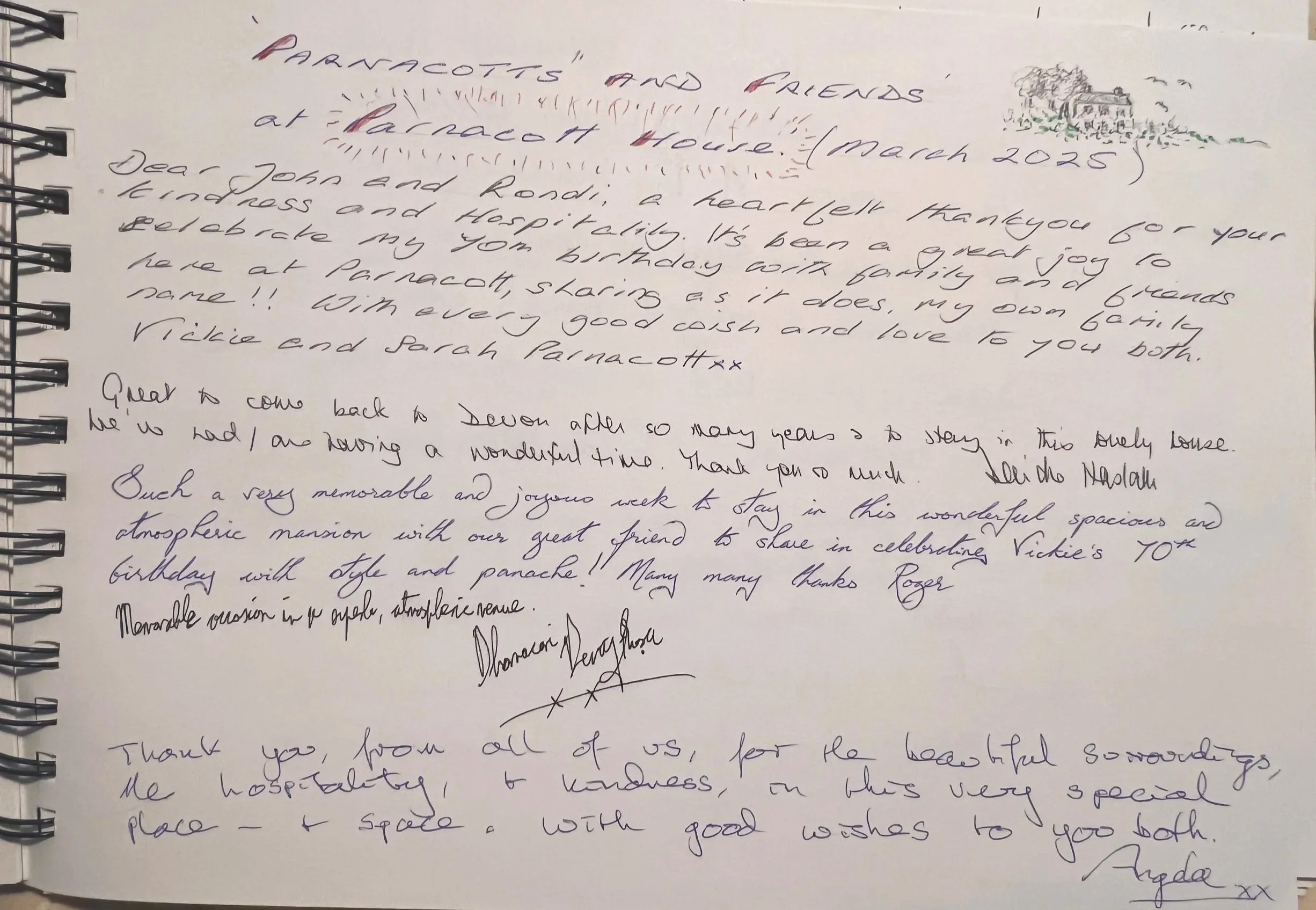 A handwritten letter on a spiral-bound notebook page with a small drawing of a house with trees on the upper right corner. The letter is addressed to John and Rondi, thanking them for their hospitality and celebrating a birthday with family and friends at a property called Parnacott.
