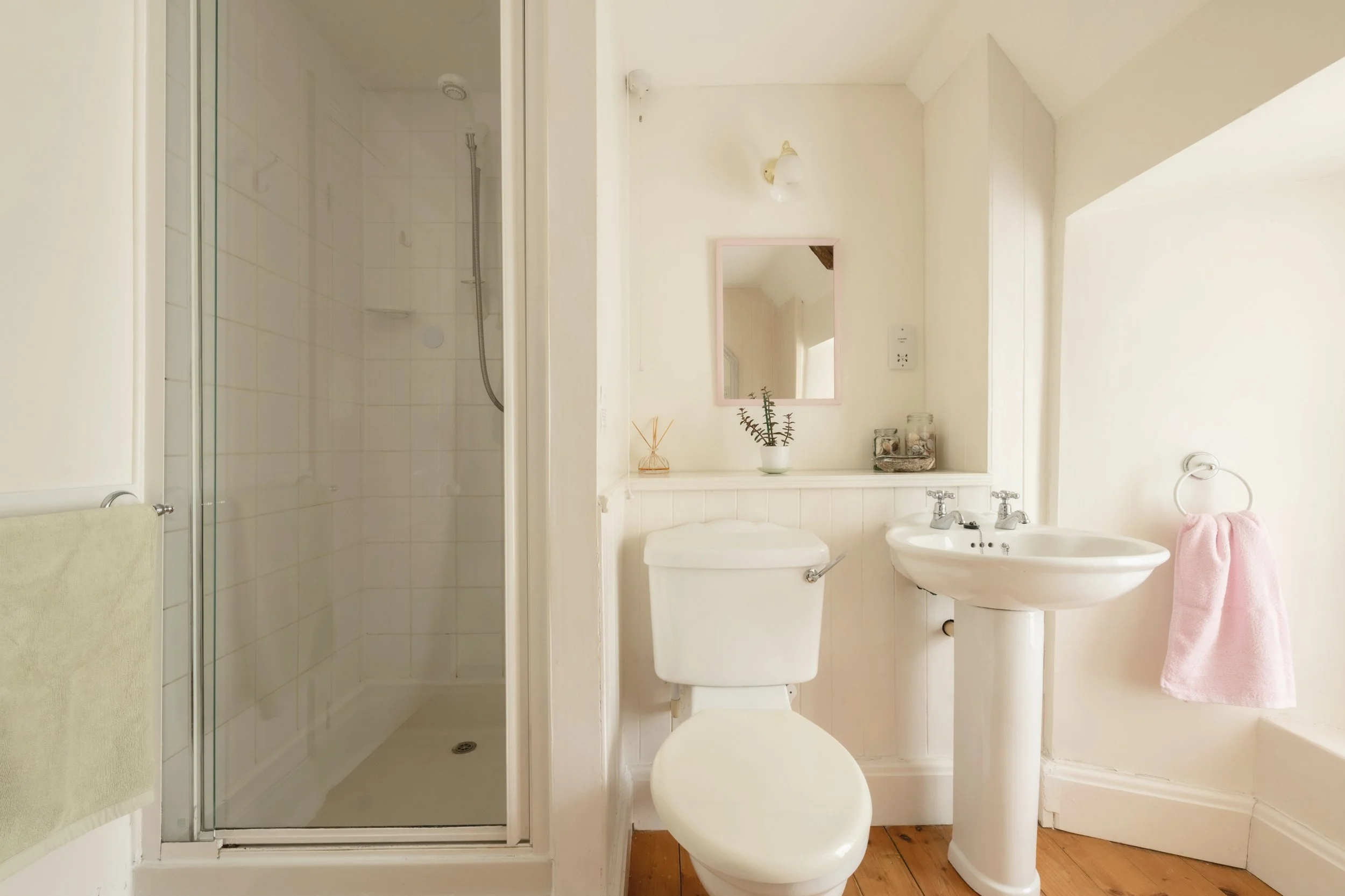 A small bathroom with a walk-in shower on the left, a toilet in the center, and a pedestal sink on the right. The wall above the toilet has a small rectangular mirror, a white bulb sconce, and decorative jars and a plant. Pink towel hangs on a towel 