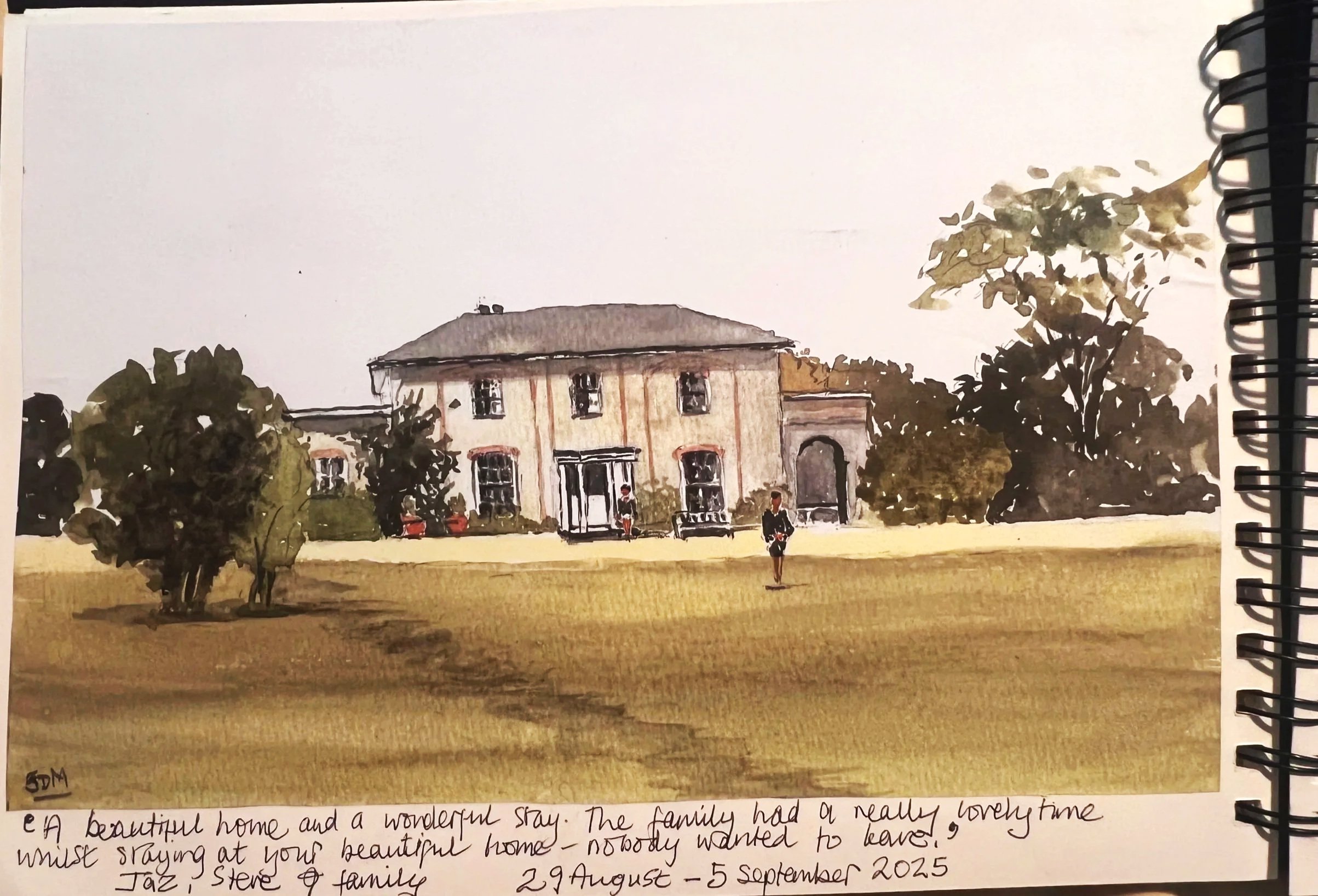 A watercolor painting of a large, two-story house with trees and bushes around it, and a person walking in front of the house, with handwritten text at the bottom describing a stay at Parnacott house.