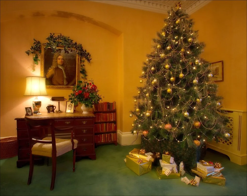 A decorated Christmas tree with gold baubles and lights, surrounded by wrapped presents, in a cozy room with a desk, lamp, framed portrait, and bookshelf at Parnacott house.