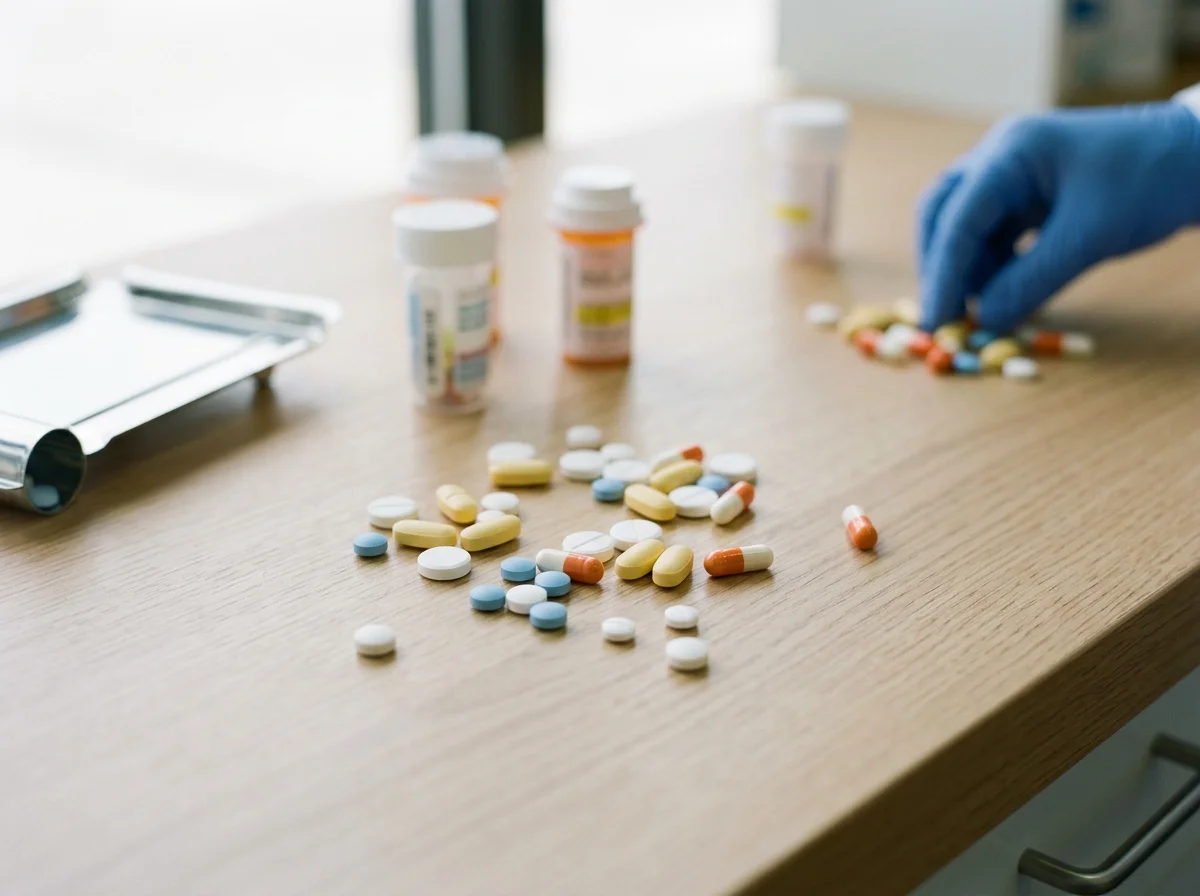 Various prescription pills and medication bottles on a wooden table, with a gloved hand reaching for some pills.