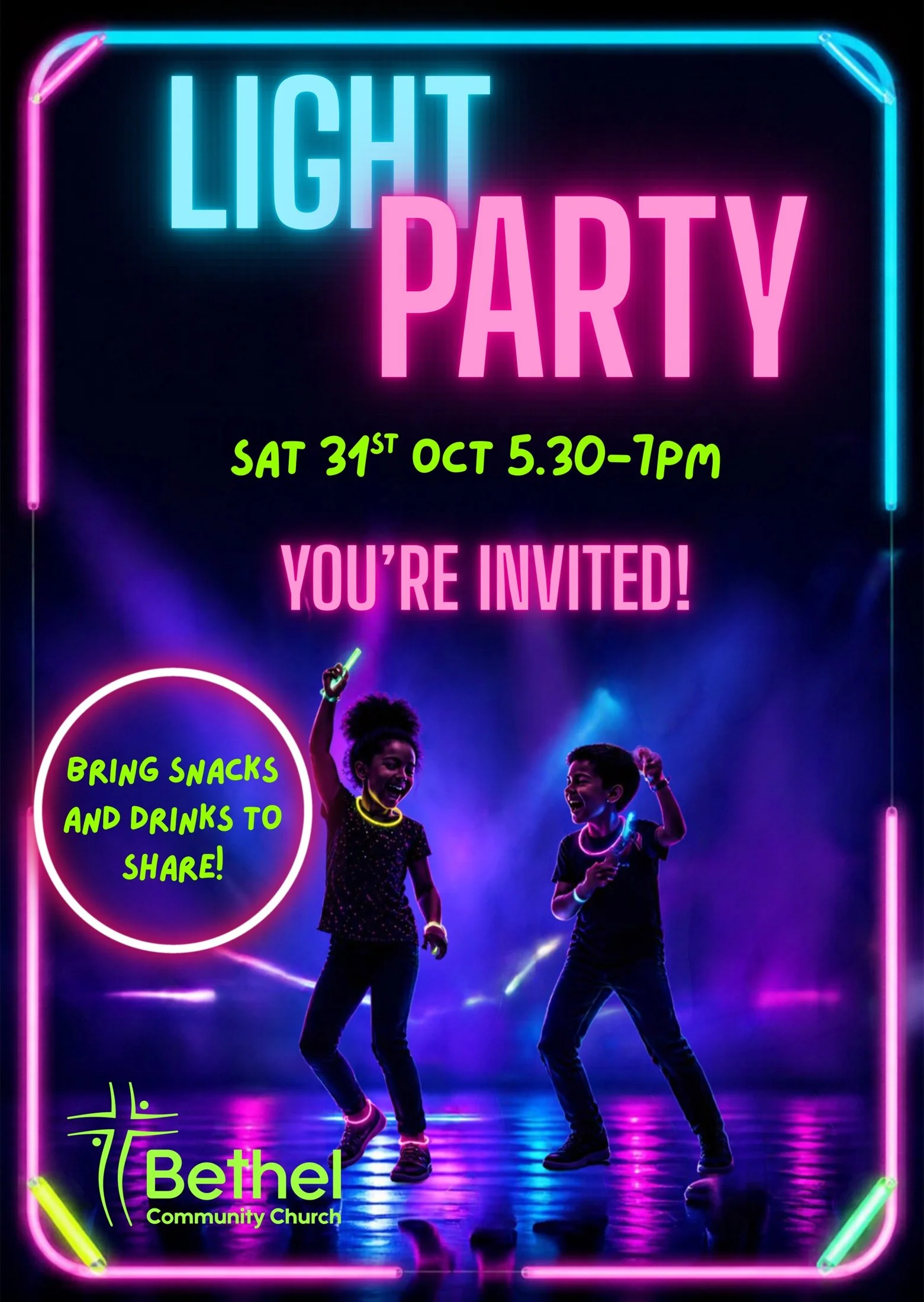Bethel Community Church Light Party invitation: Saturday 31 October 2026, 5:30–7pm. Bring snacks and drinks to share.