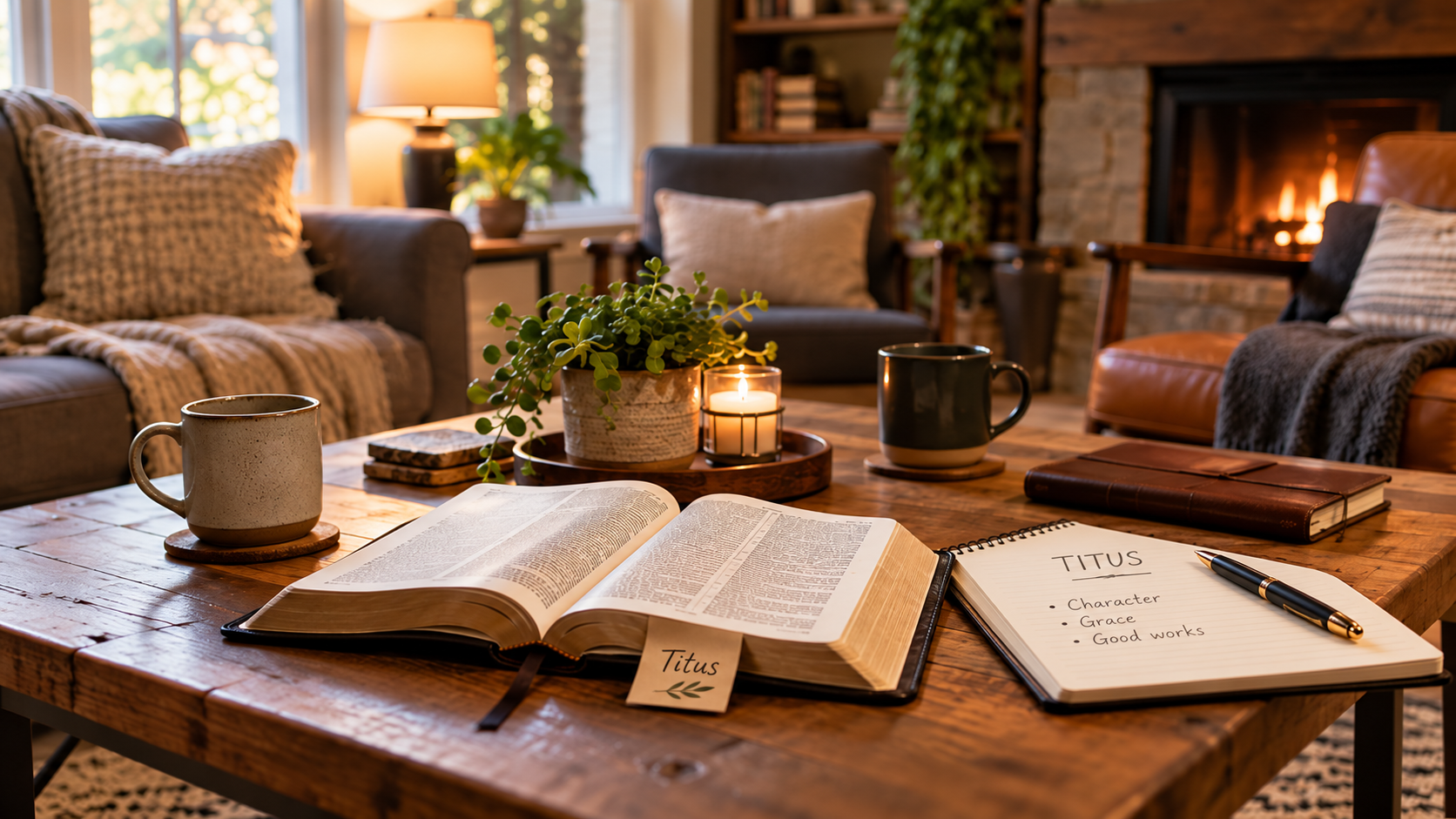Cozy living room with a wooden coffee table holding an open Bible, a notepad labeled 'Titus' with prayer notes, two coffee mugs, a potted plant, a lit candle, and a pen. The background features sofas, cushions, a fireplace with a fire, a window, and bookshelves.