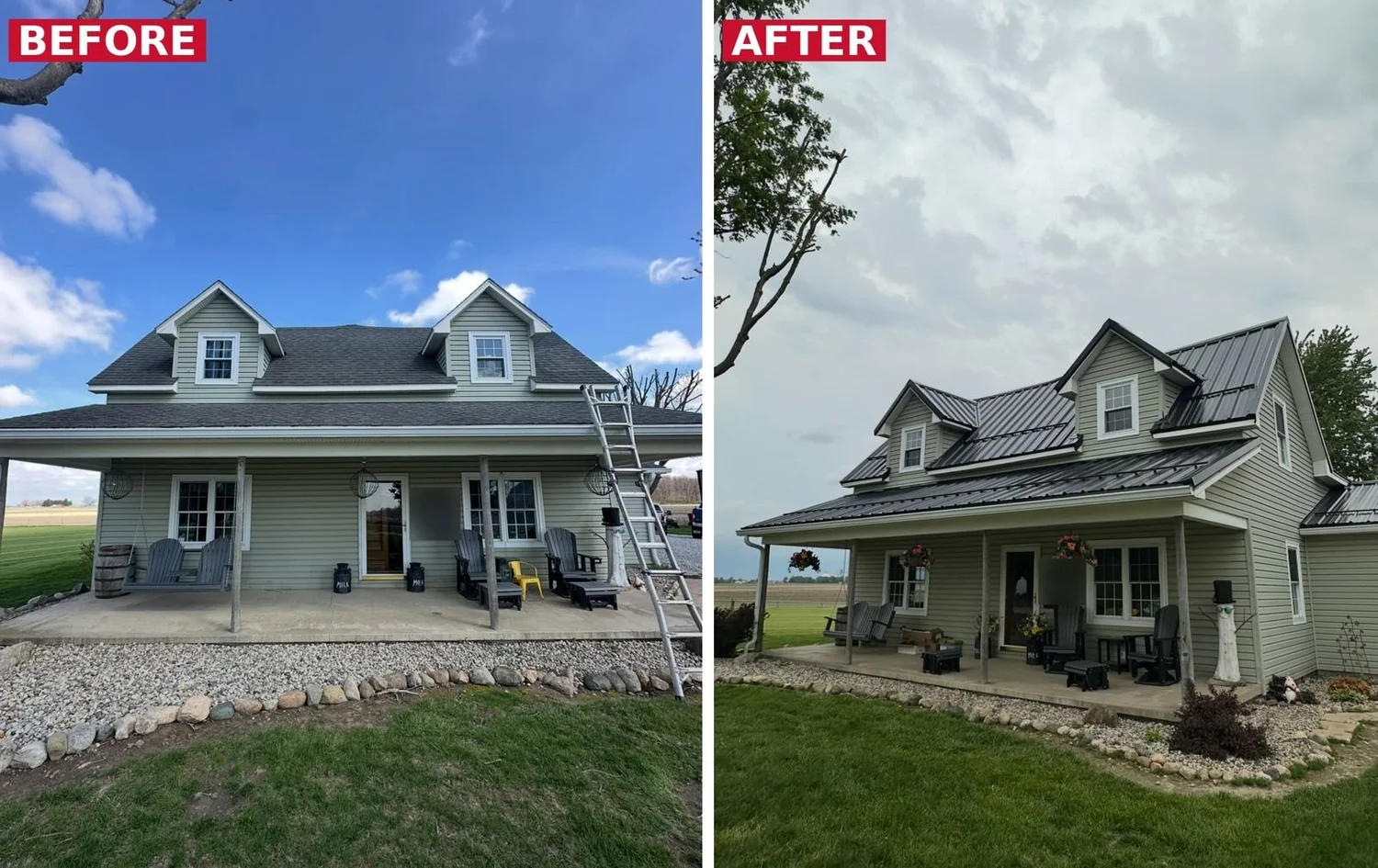 Before and after: shingle roof converted to a dark metal roof on a farmhouse in Hamilton County, Indiana