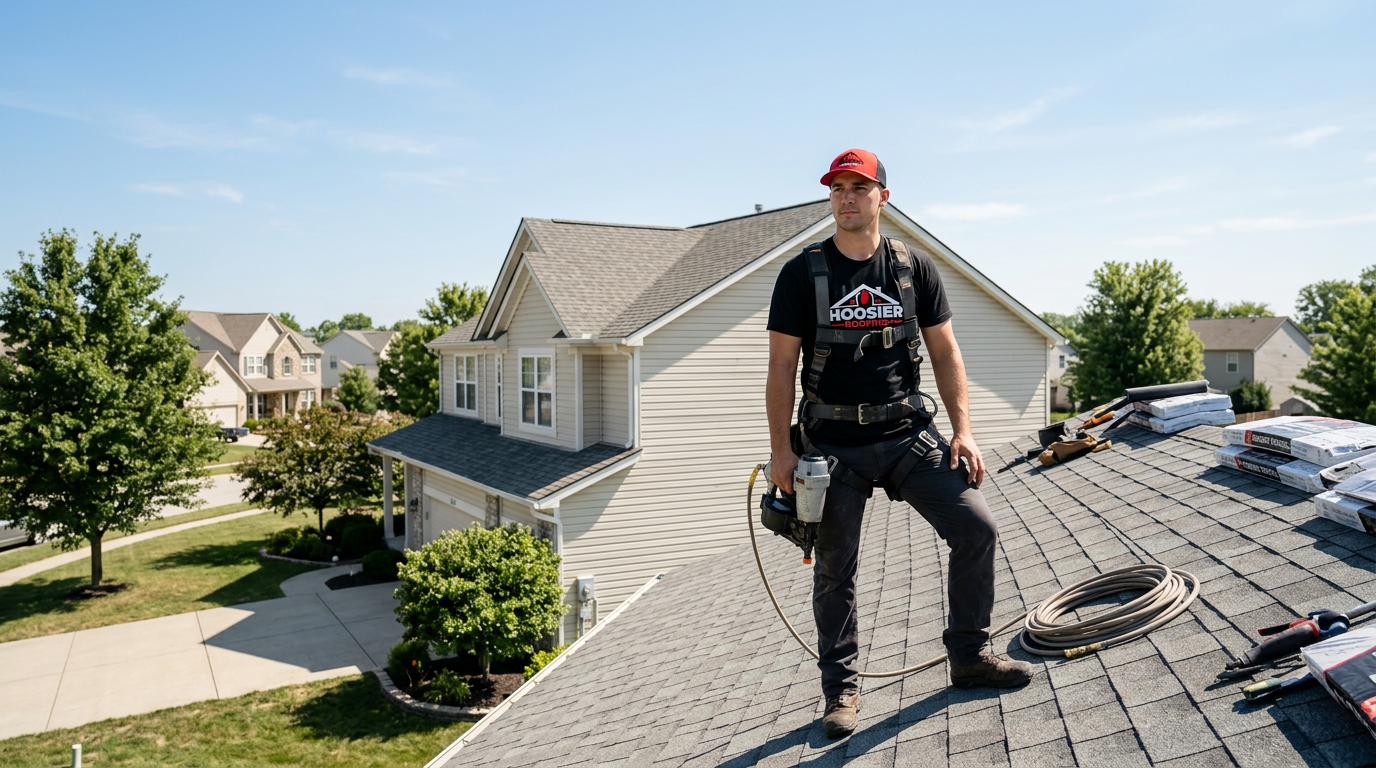 Hoosier Roofing Indy roofer on a home roof in Carmel, Indiana