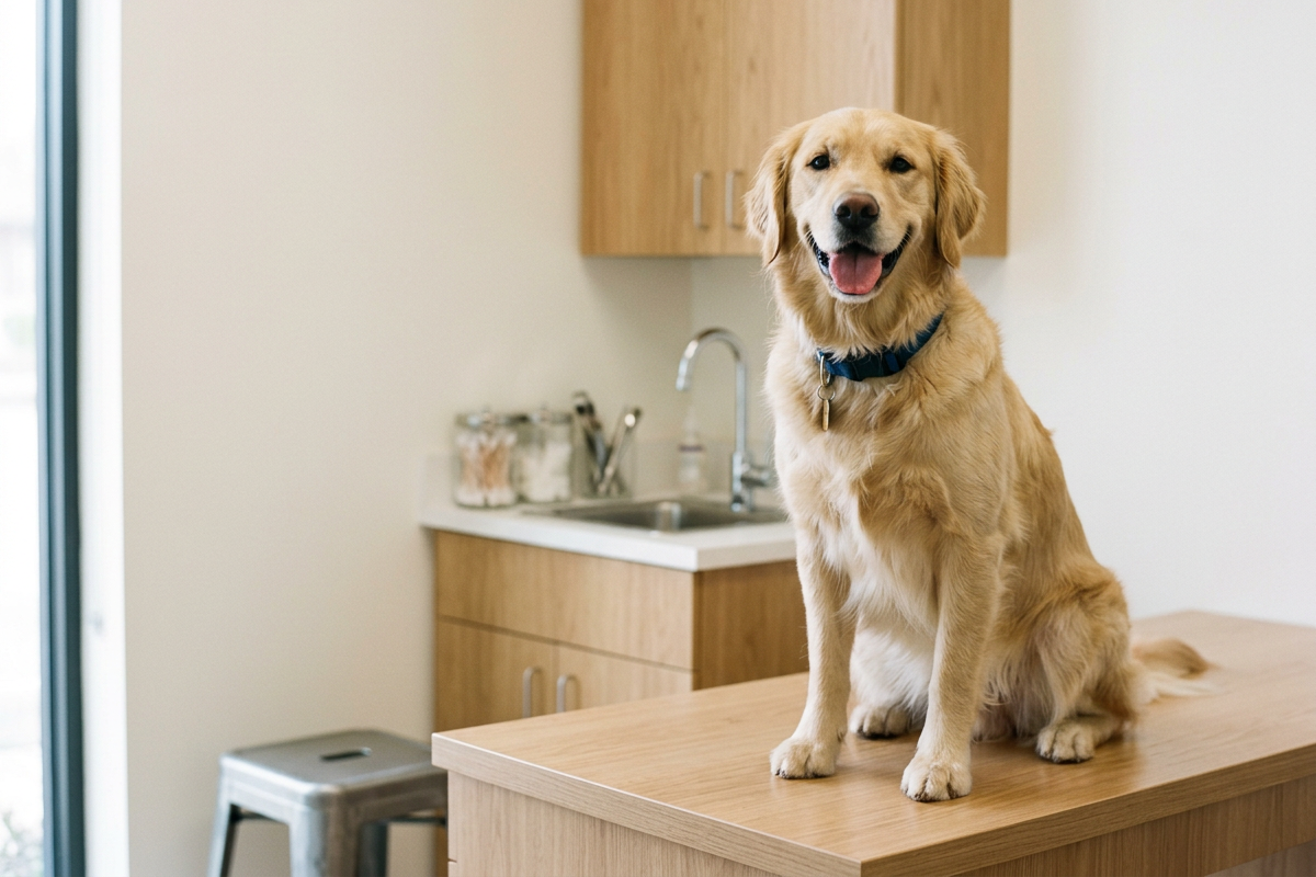 A happy golden retriever dog sitting on a kitchen counter by a sink.
