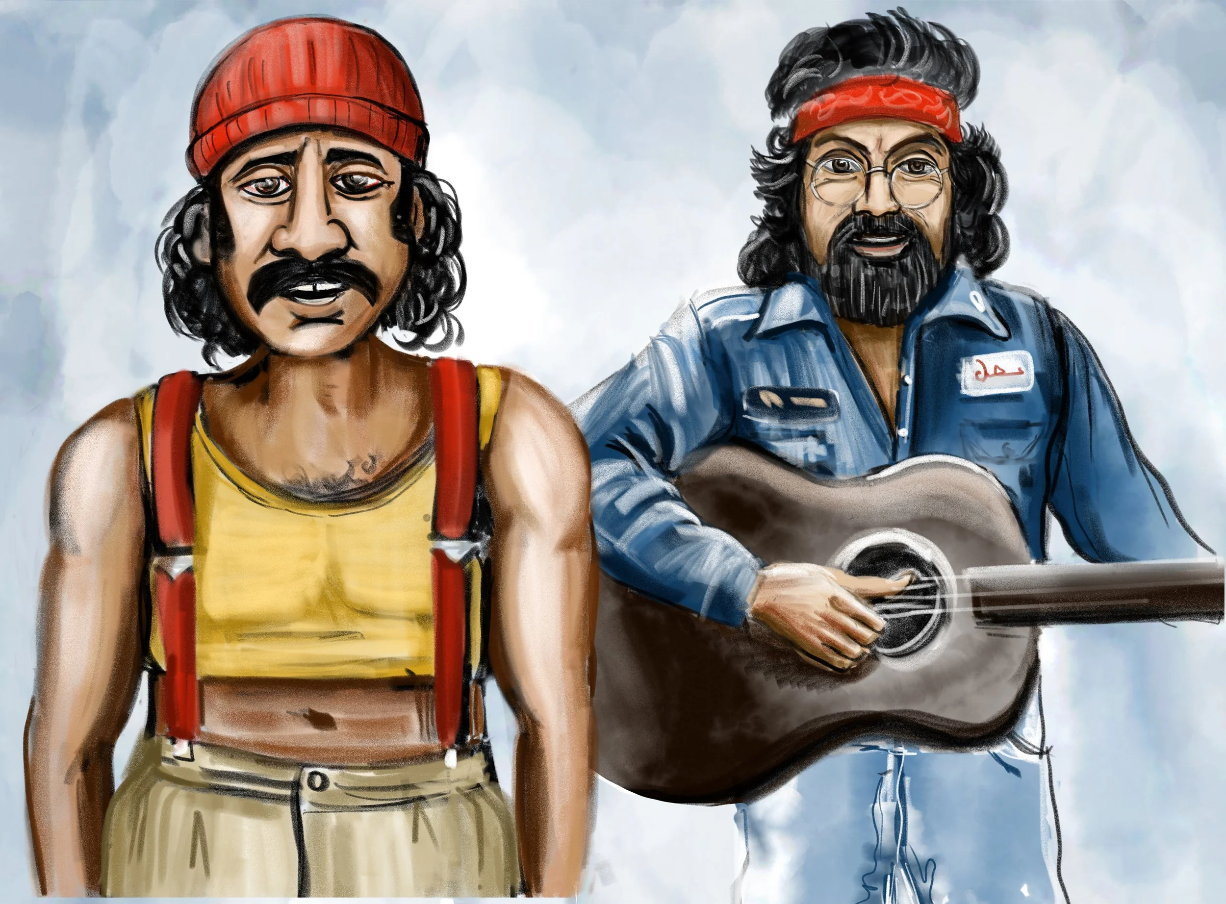A painting of two men sitting side by side against a cloudy sky background. The man on the left is wearing a red beanie, a yellow tank top, and beige shorts, with a red backpack strap visible on his shoulder. The man on the right is wearing glasses, 