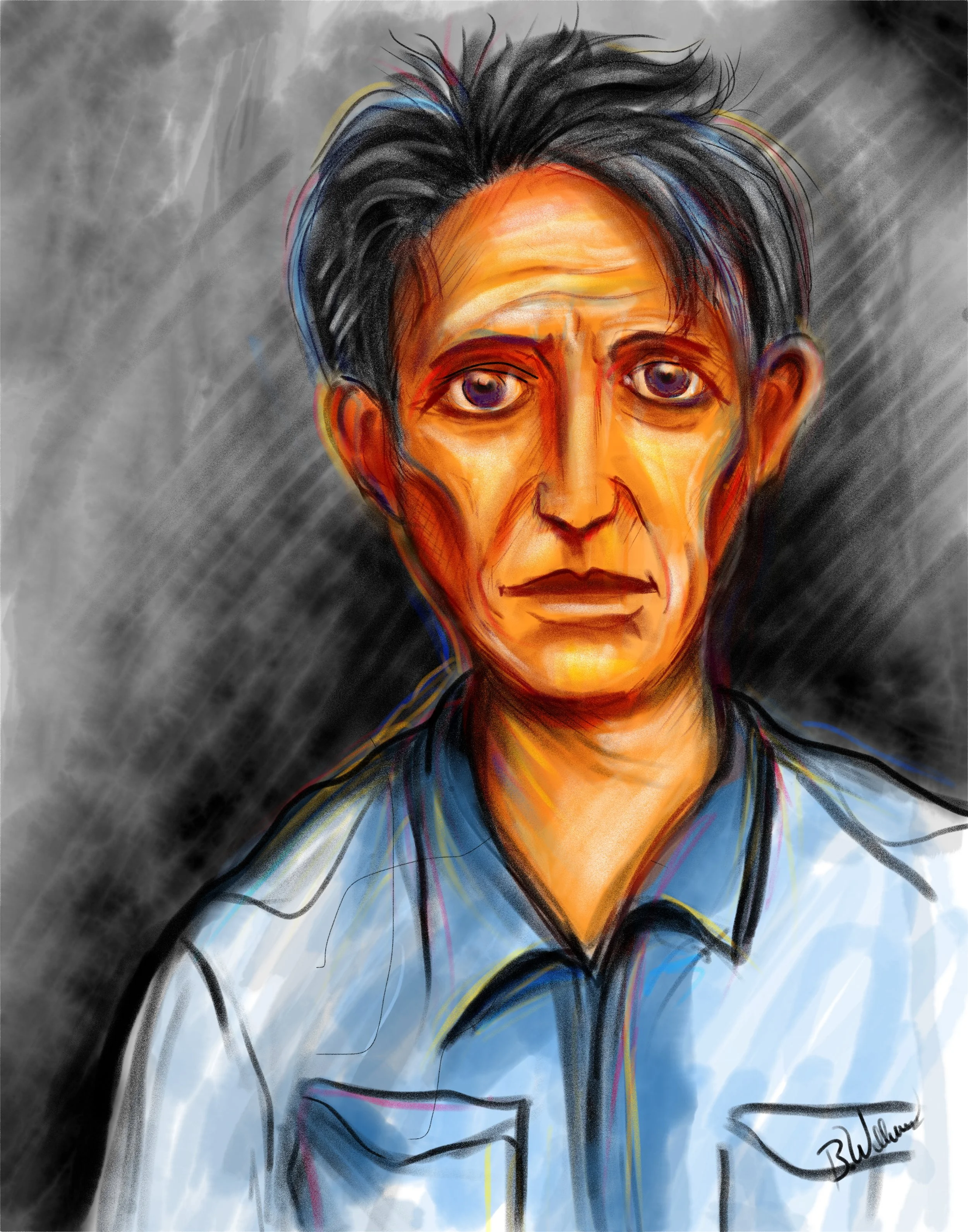 A digital painting of a middle-aged man with short, dark hair, wearing a blue shirt with a dark blazer, has a serious expression, set against a background with shades of gray and hints of light blue and white.