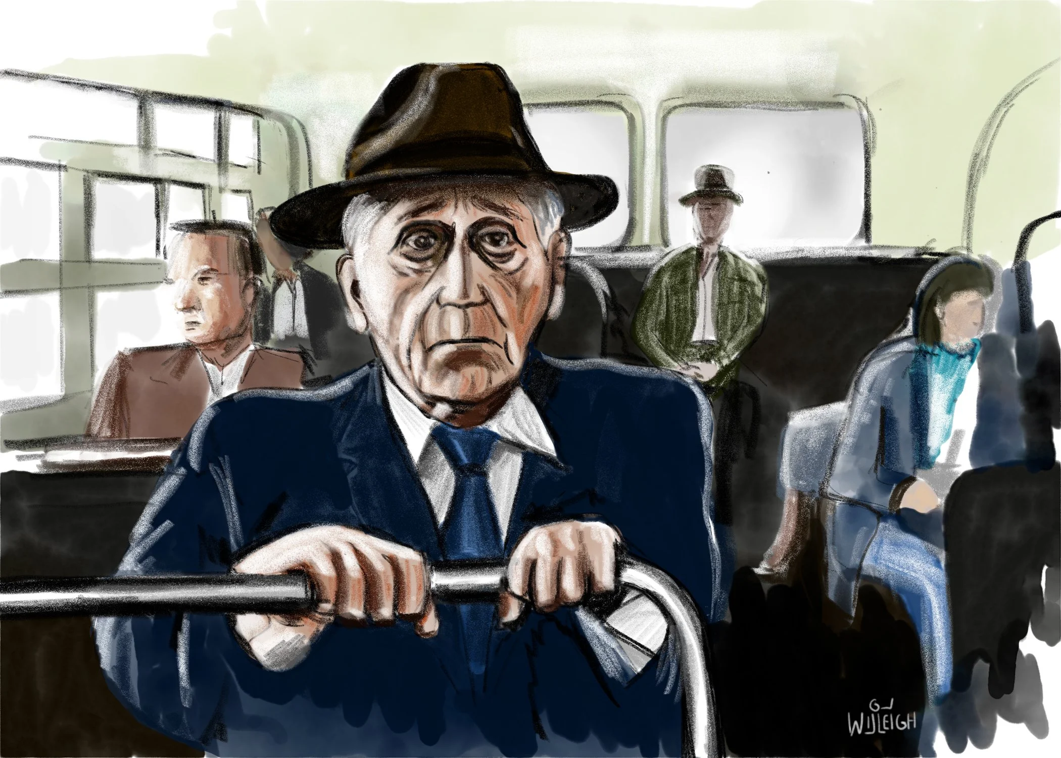A watercolor painting of an elderly man in a suit and tie, wearing a black hat, sitting on a bus with other passengers in the background.