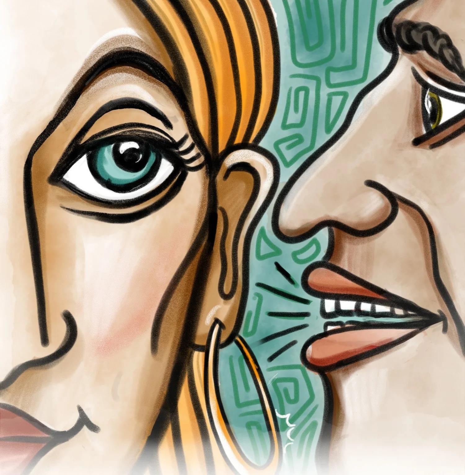 Close-up of street art featuring a stylized portrait of a woman with a turquoise eye, blonde hair with black outlines, and geometric green shading on her face and neck, rendered in a vibrant, graphic style.