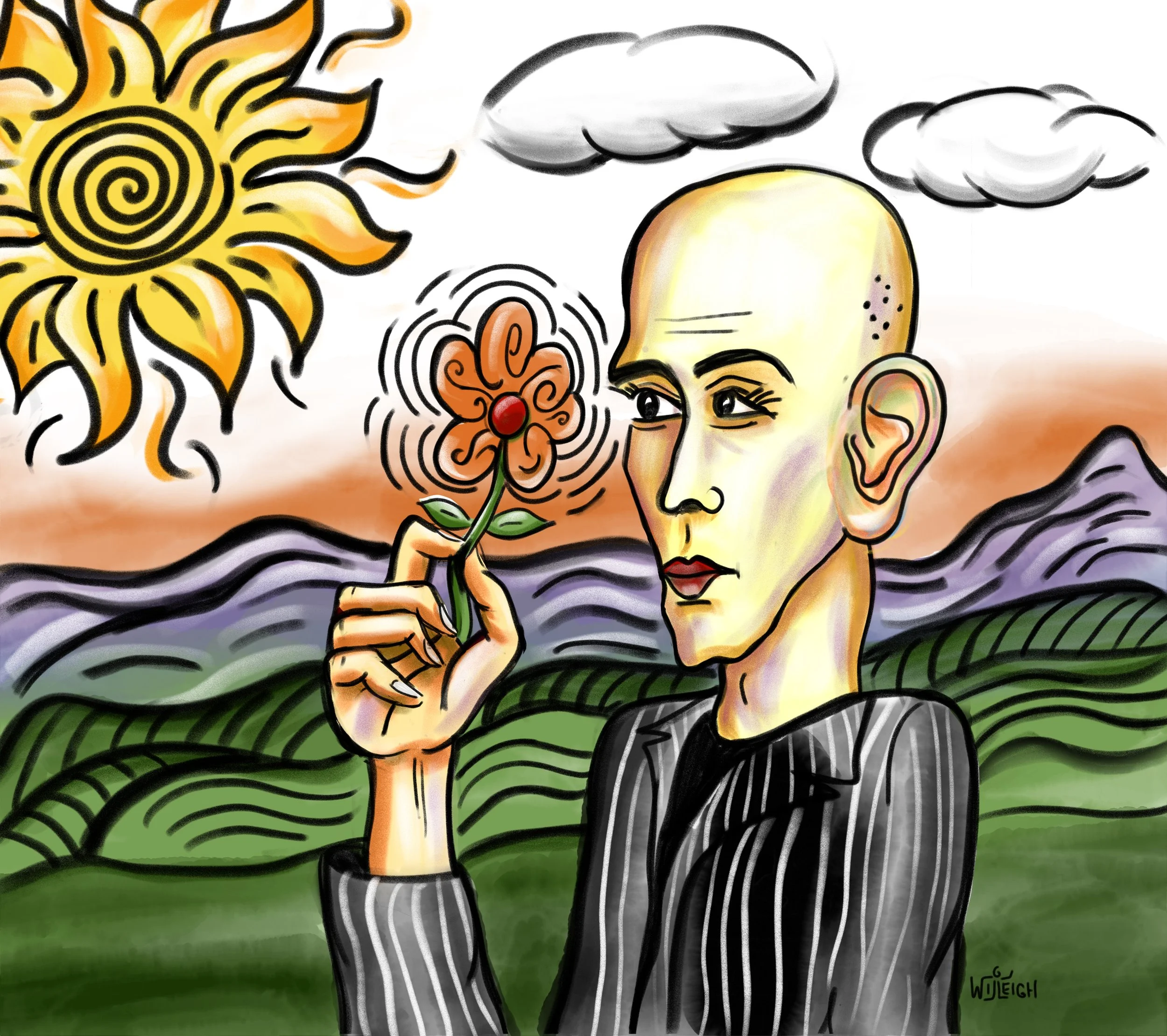 A stylized drawing of a woman with dark hair, holding a red flower, with a large yellow sun and gray clouds in the sky behind her, and green landscape below.