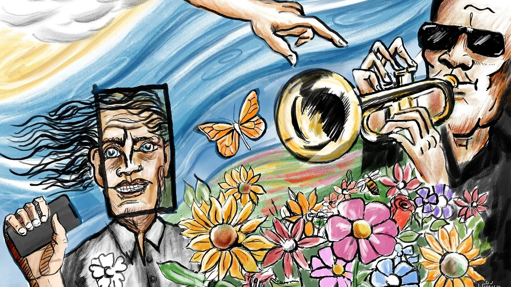 A colorful illustration featuring a woman with long hair, holding a smartphone, a person playing a trumpet with sunglasses, surrounded by flowers, butterflies, and a rainbow, with a blue sky background.