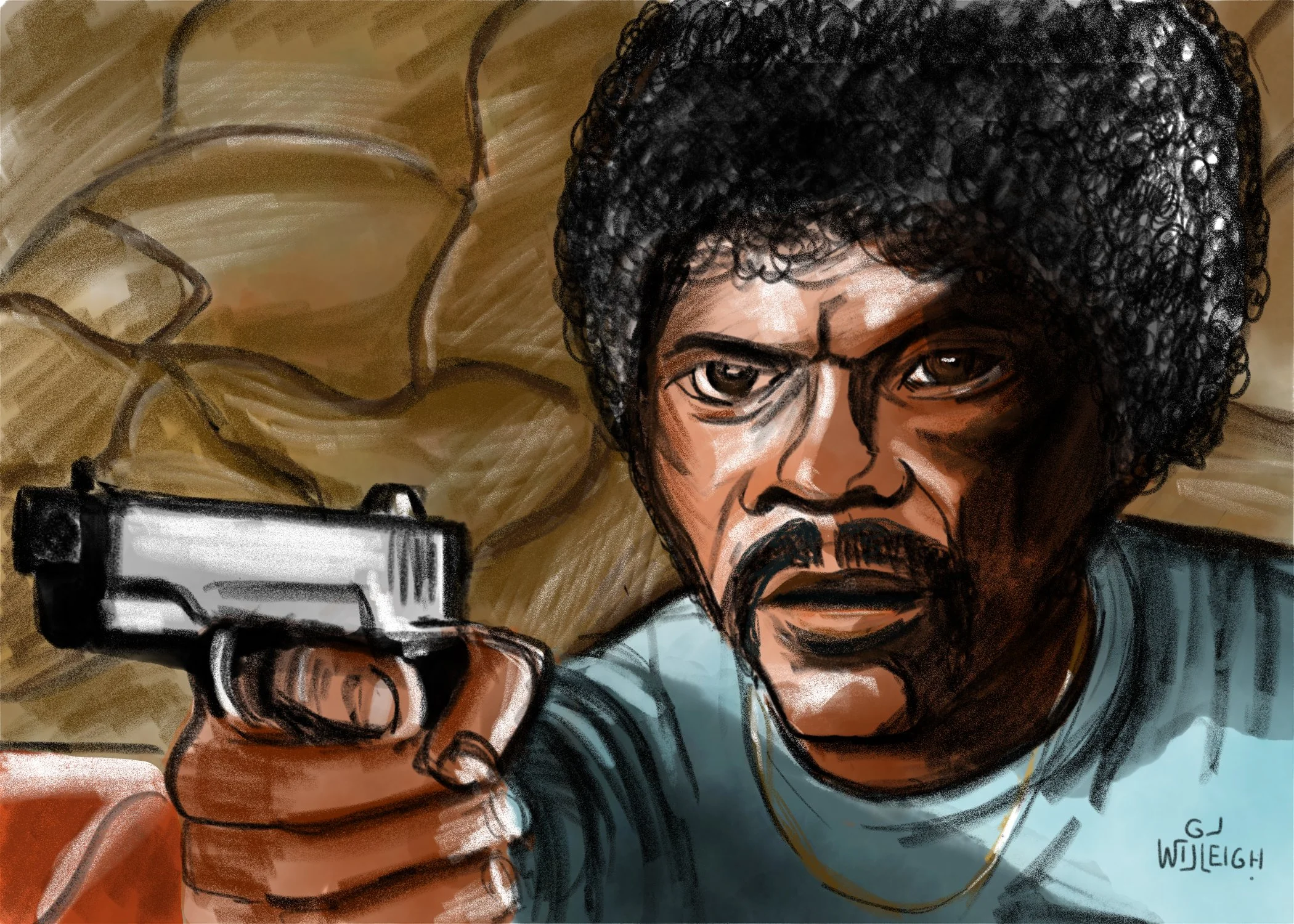 A digital illustration of a woman with curly black hair holding a gun pointed towards the viewer. She is wearing glasses and has a serious expression on her face.