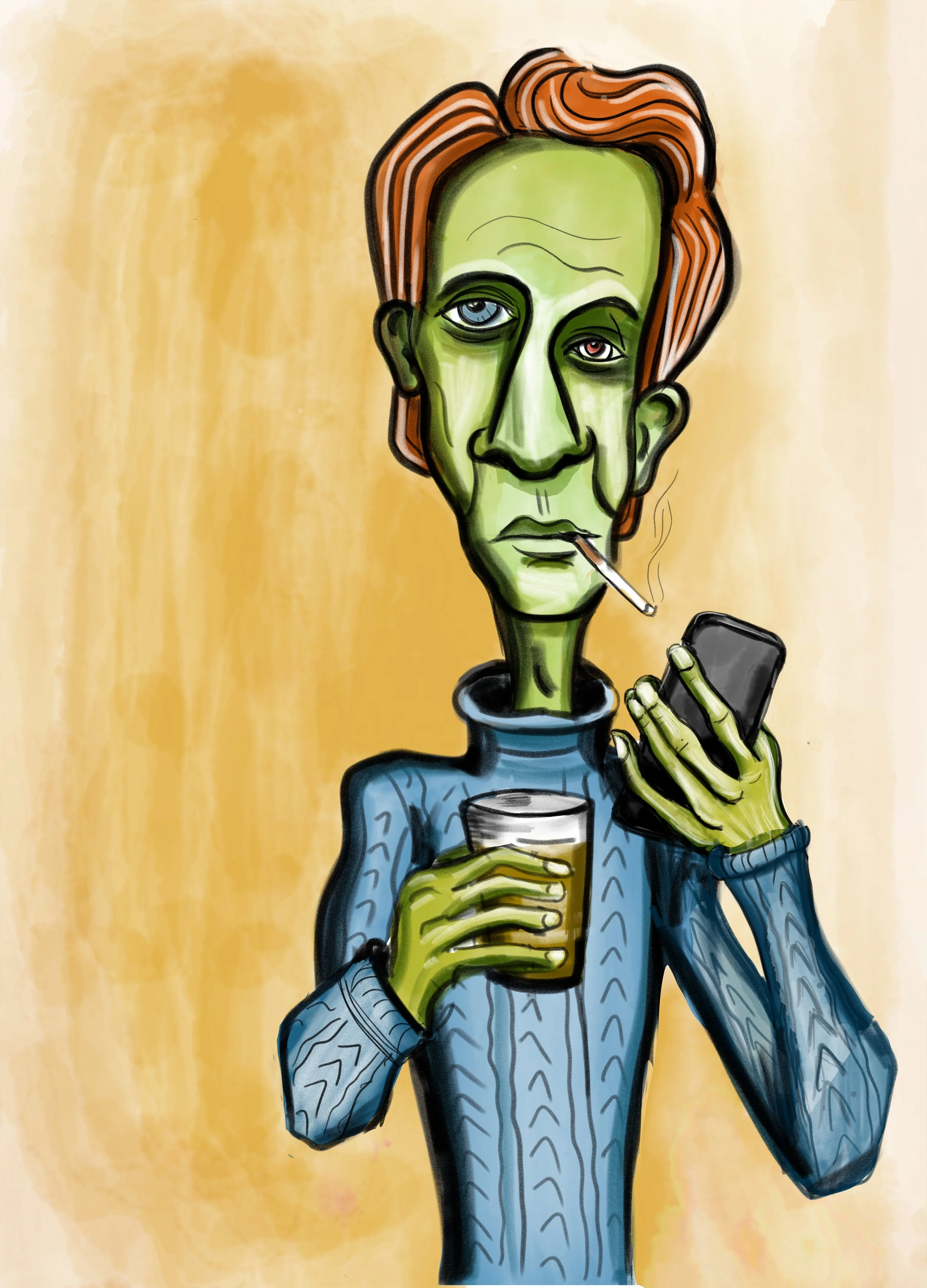 A cartoon-style illustration of a green-skinned person with reddish hair, holding a cigarette and a smartphone, wearing a blue patterned top, with a drink in their other hand, against a yellow background.