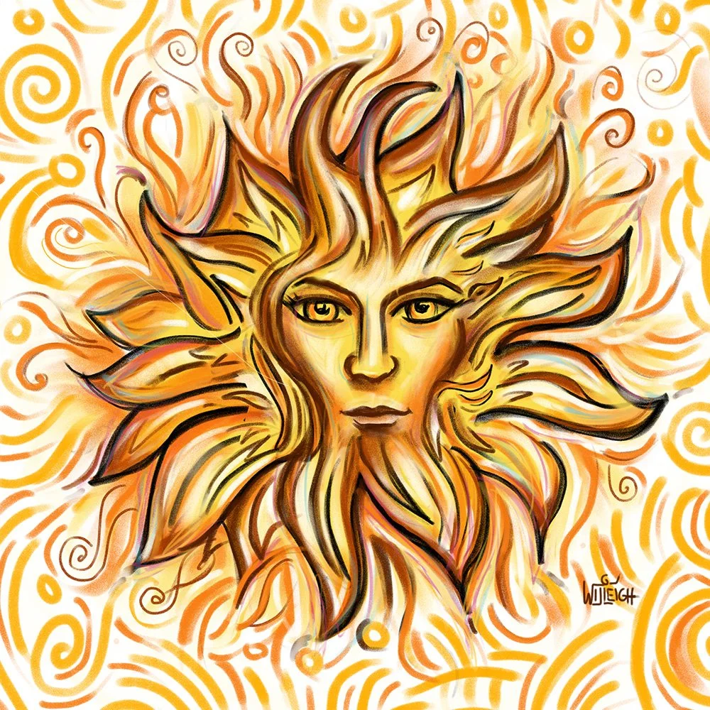 An abstract artistic portrait of a sun with a human face, surrounded by swirling patterns in shades of yellow, orange, and brown.