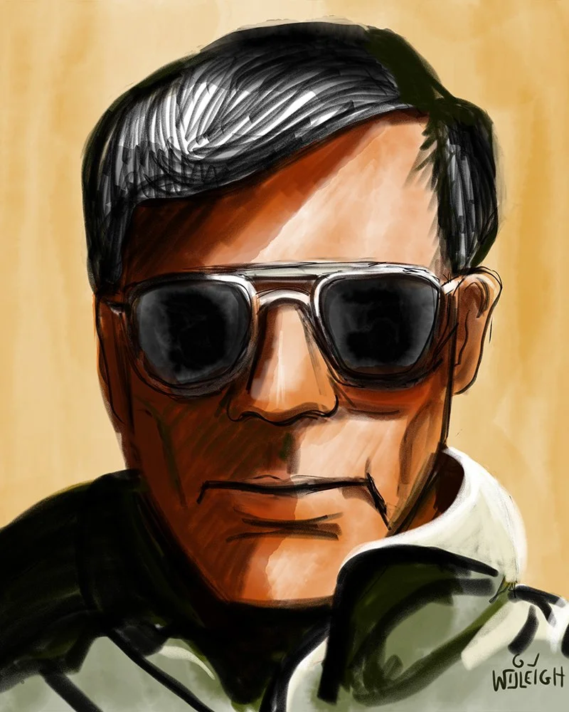 A portrait of a man wearing dark sunglasses, with black hair, and smoking a cigarette. He has a serious expression and is dressed in a white shirt with a dark jacket.
