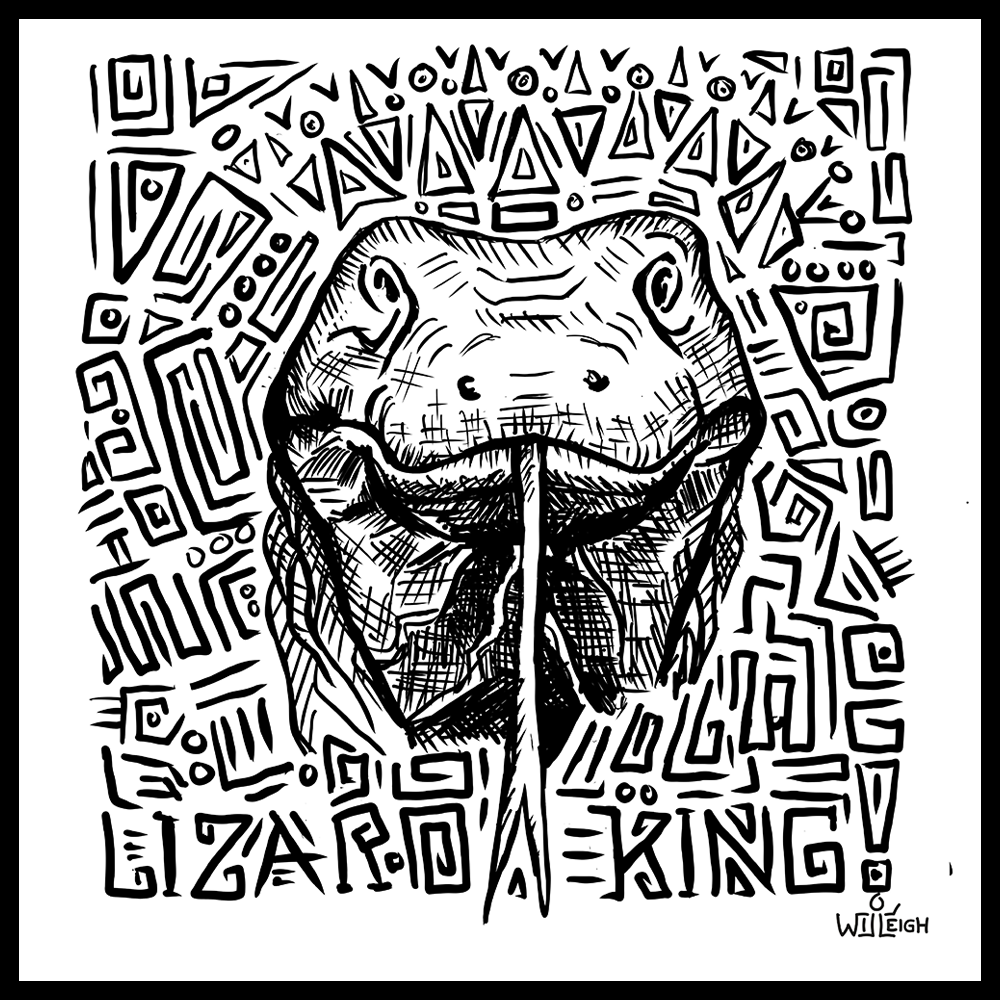 Black and white illustration of a hippopotamus head surrounded by abstract geometric patterns, with the text 'HUGE HIPPO KING' at the bottom right.