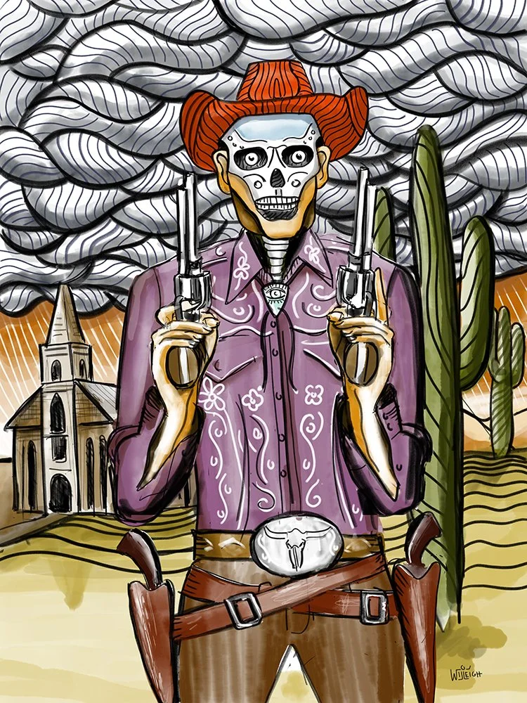 A skeleton wearing a cowboy hat and purple western shirt, holding two revolvers, standing in front of a cloudy sky with a church and cacti in the background, in a desert landscape.